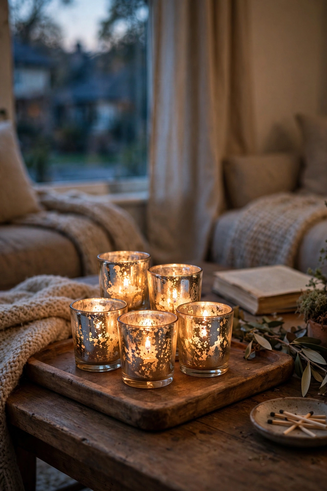 Cluster of mercury-glass votives glowing on a coffee table tray