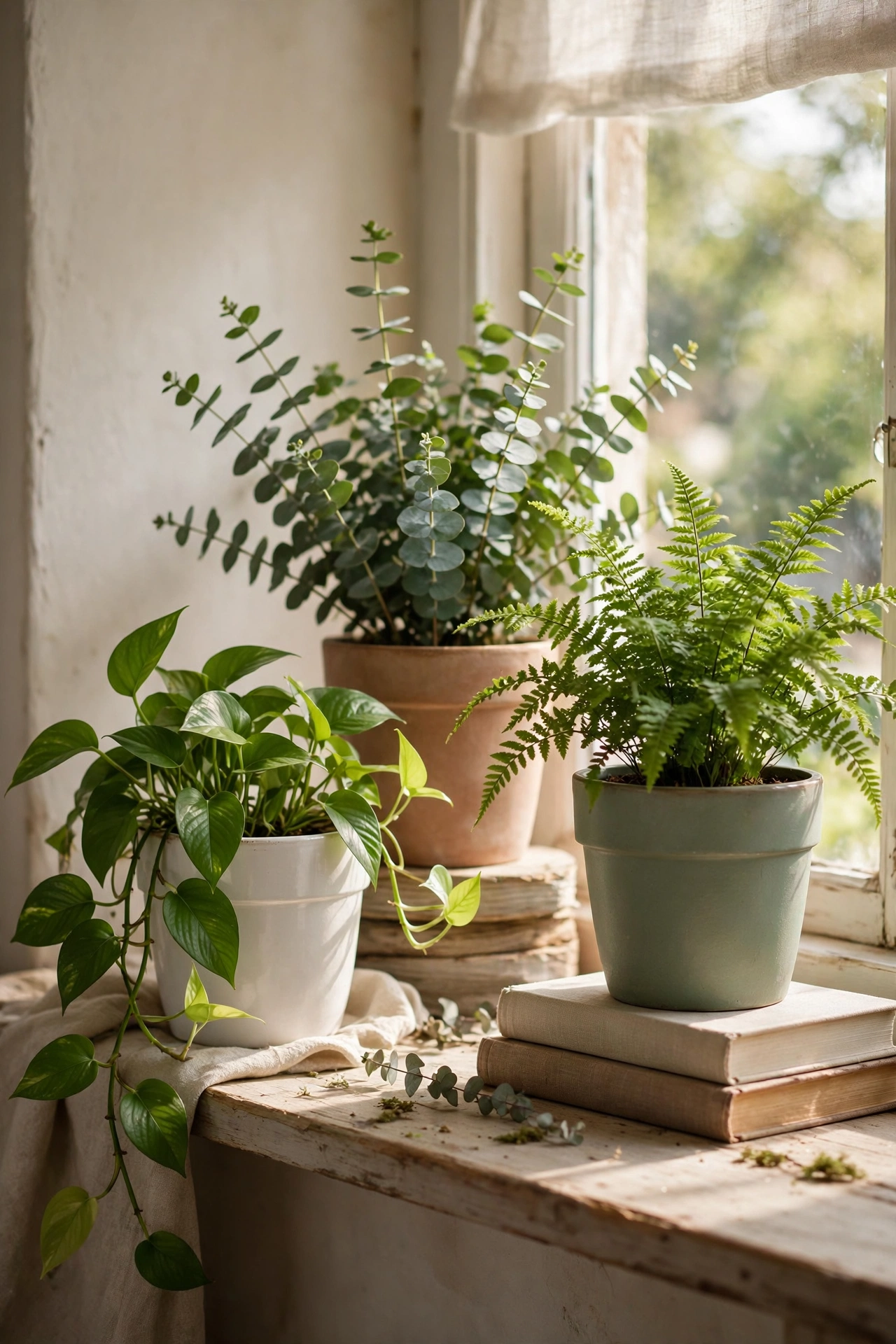 Grouped ceramic-look planters with green houseplants on a windowsill