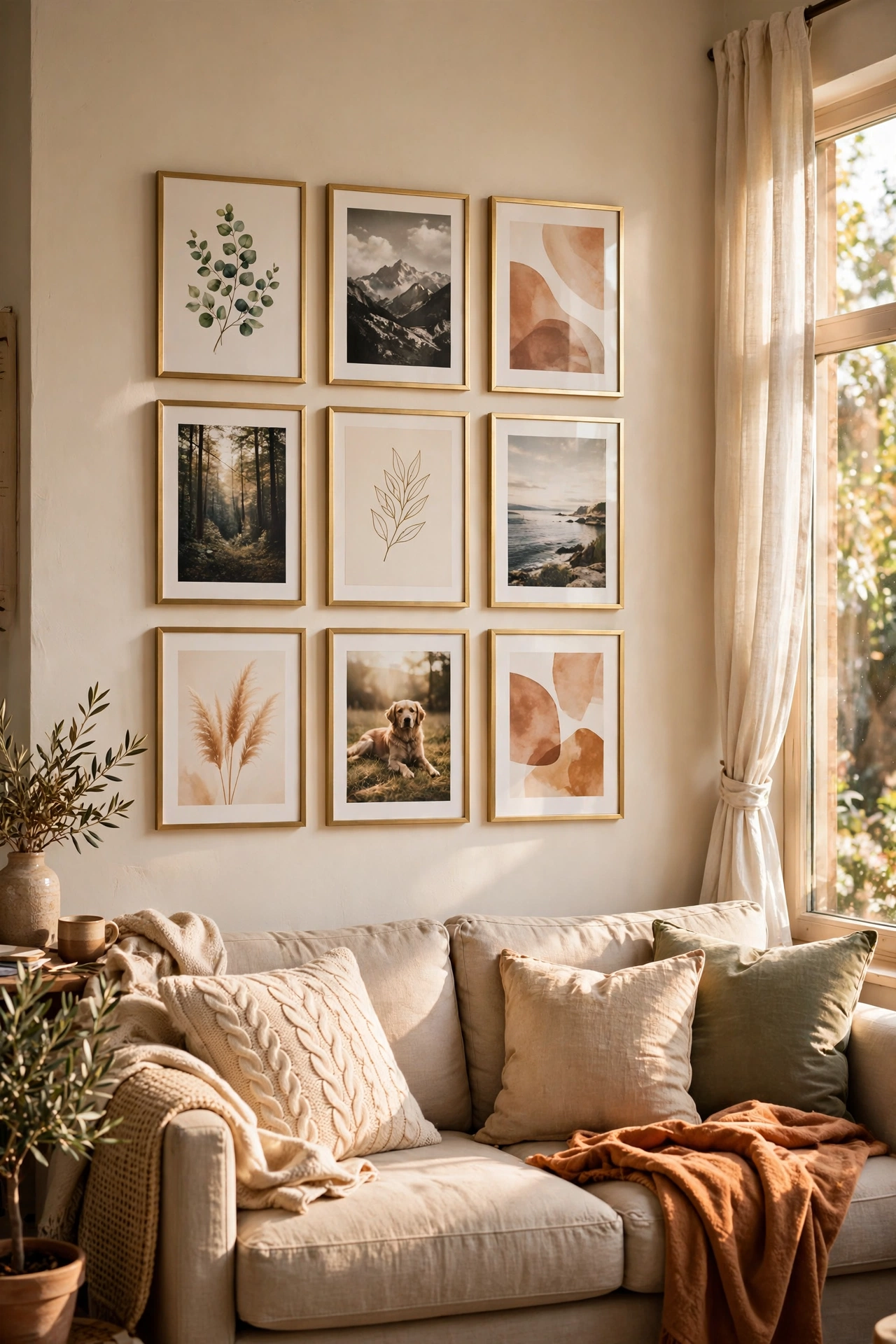 Gallery wall of slim gold-look frames above a sofa