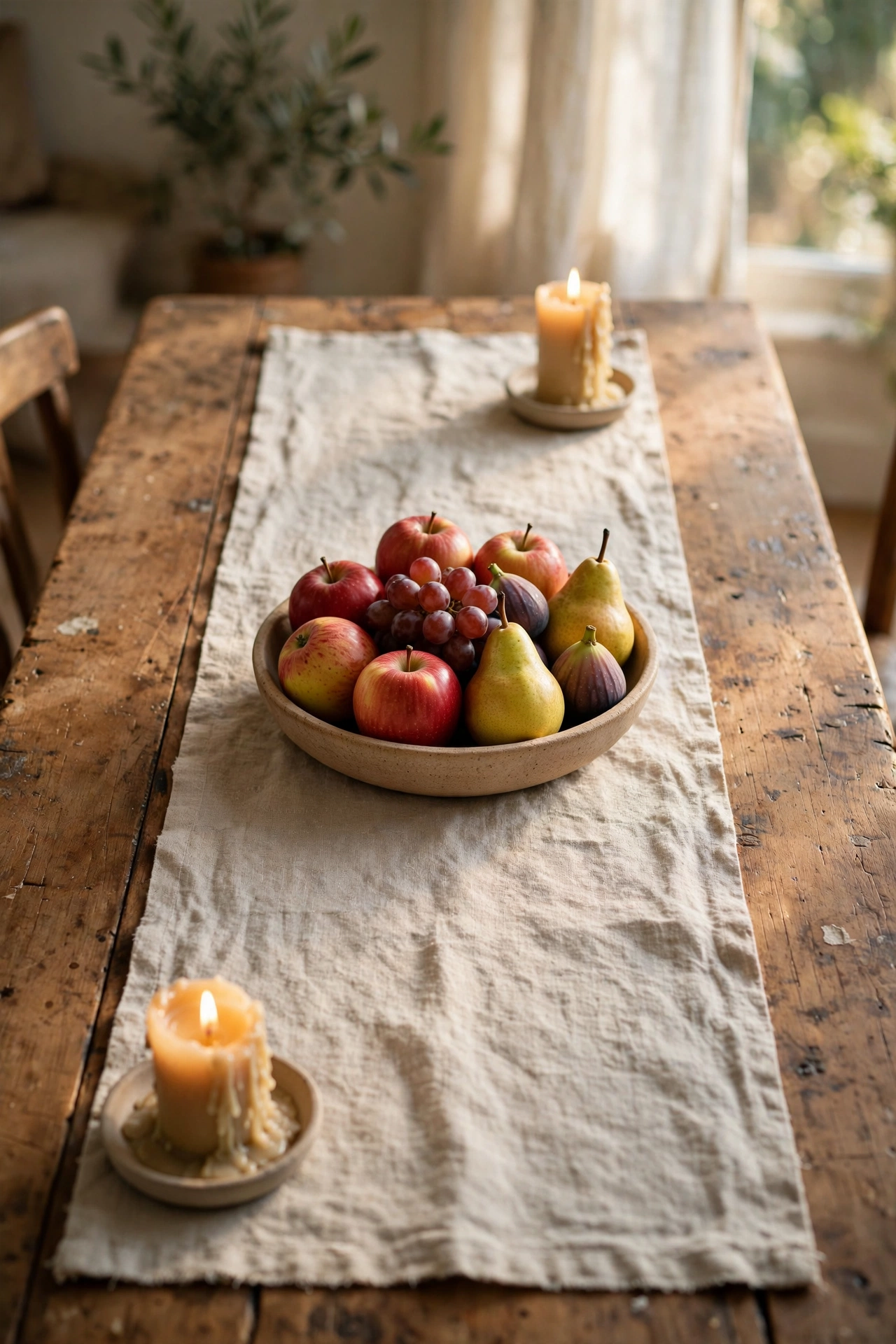 Wooden dining table with a linen-look runner and simple centrepiece