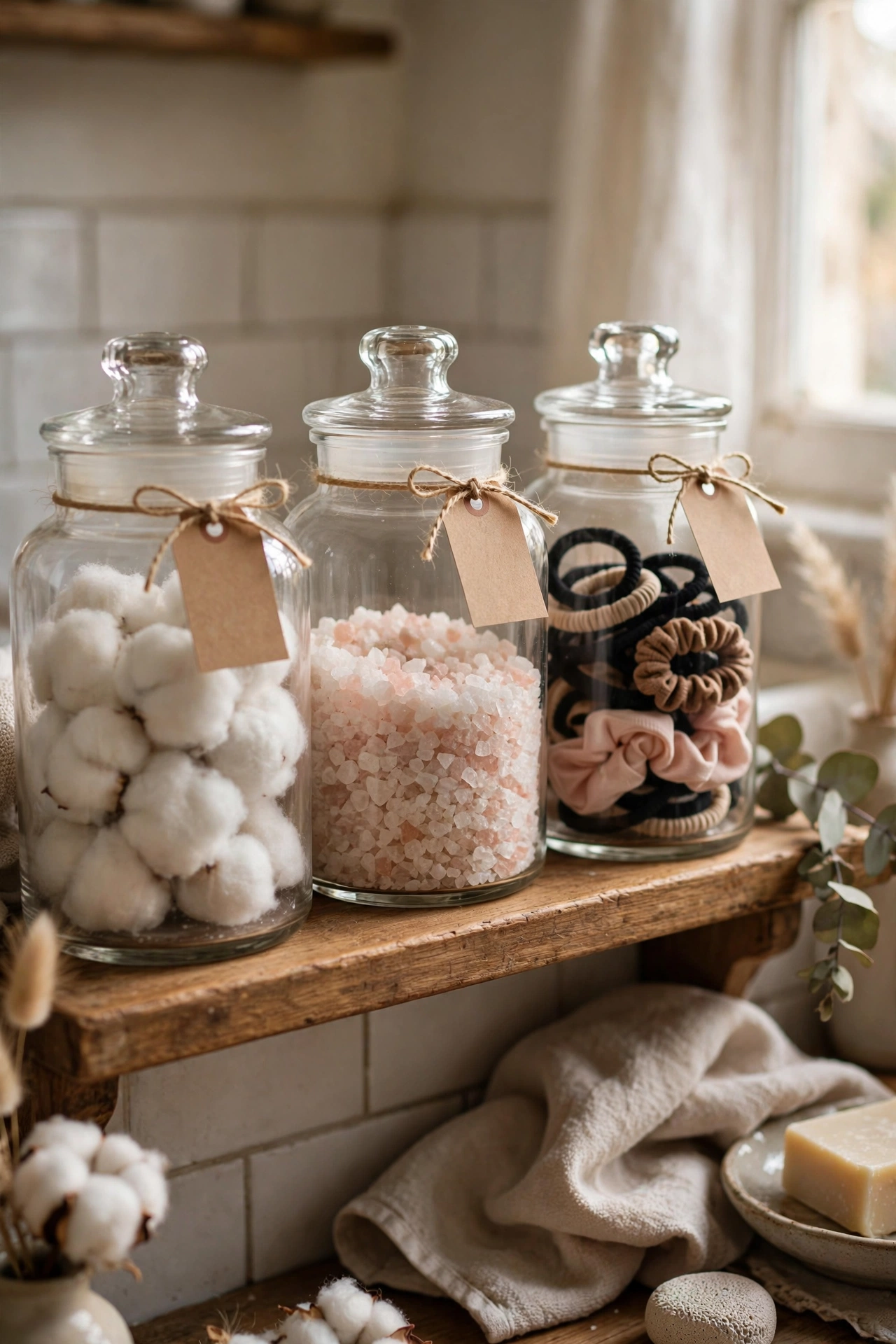 Apothecary-style glass jars with cotton wool and bath salts on a bathroom shelf