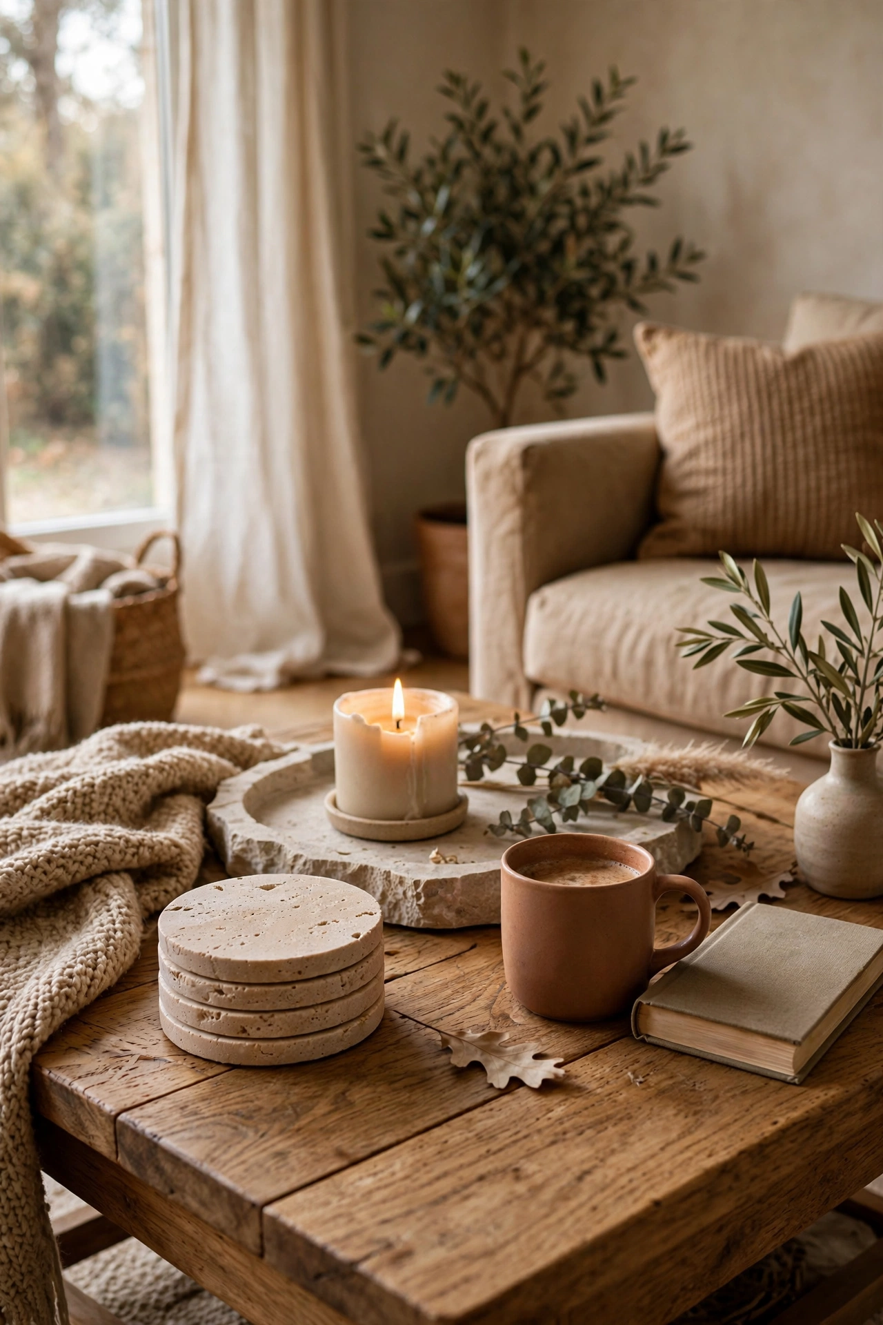 Set of travertine-look coasters on a styled coffee table
