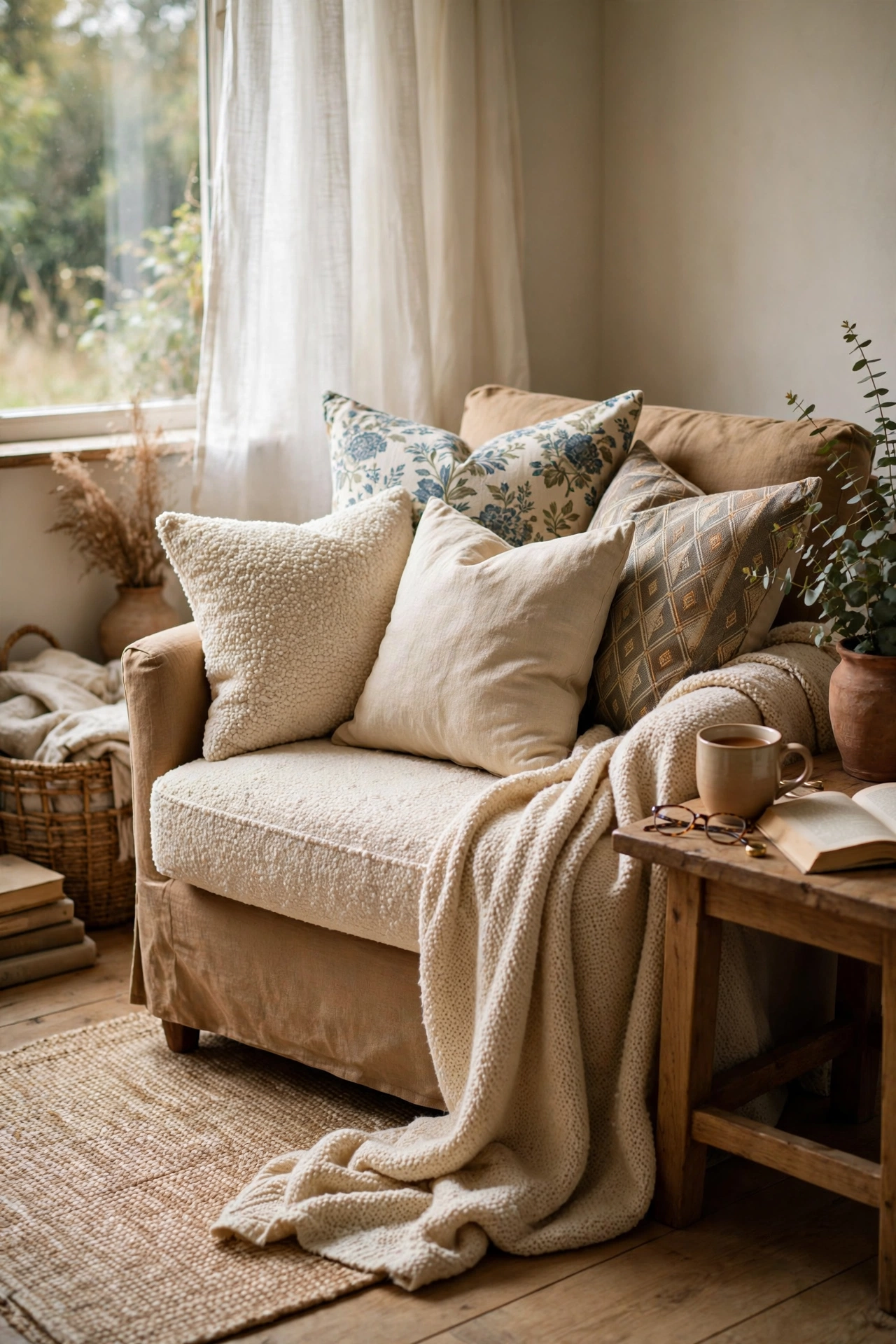 Armchair styled with cream boucle-look cushion among linen pillows