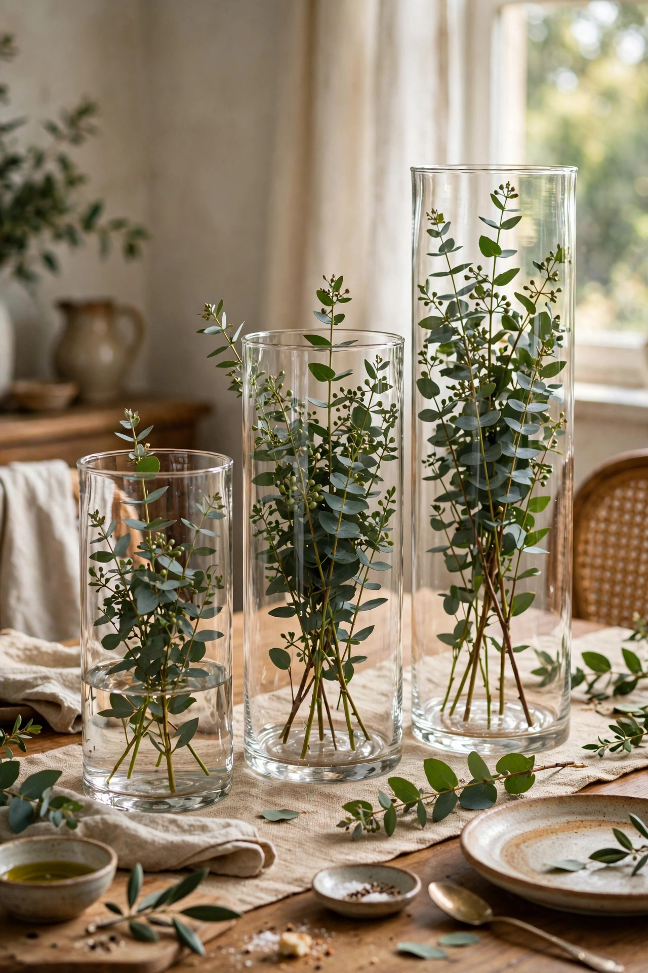 Trio of dollar store glass vases and hurricanes with eucalyptus on a dining table