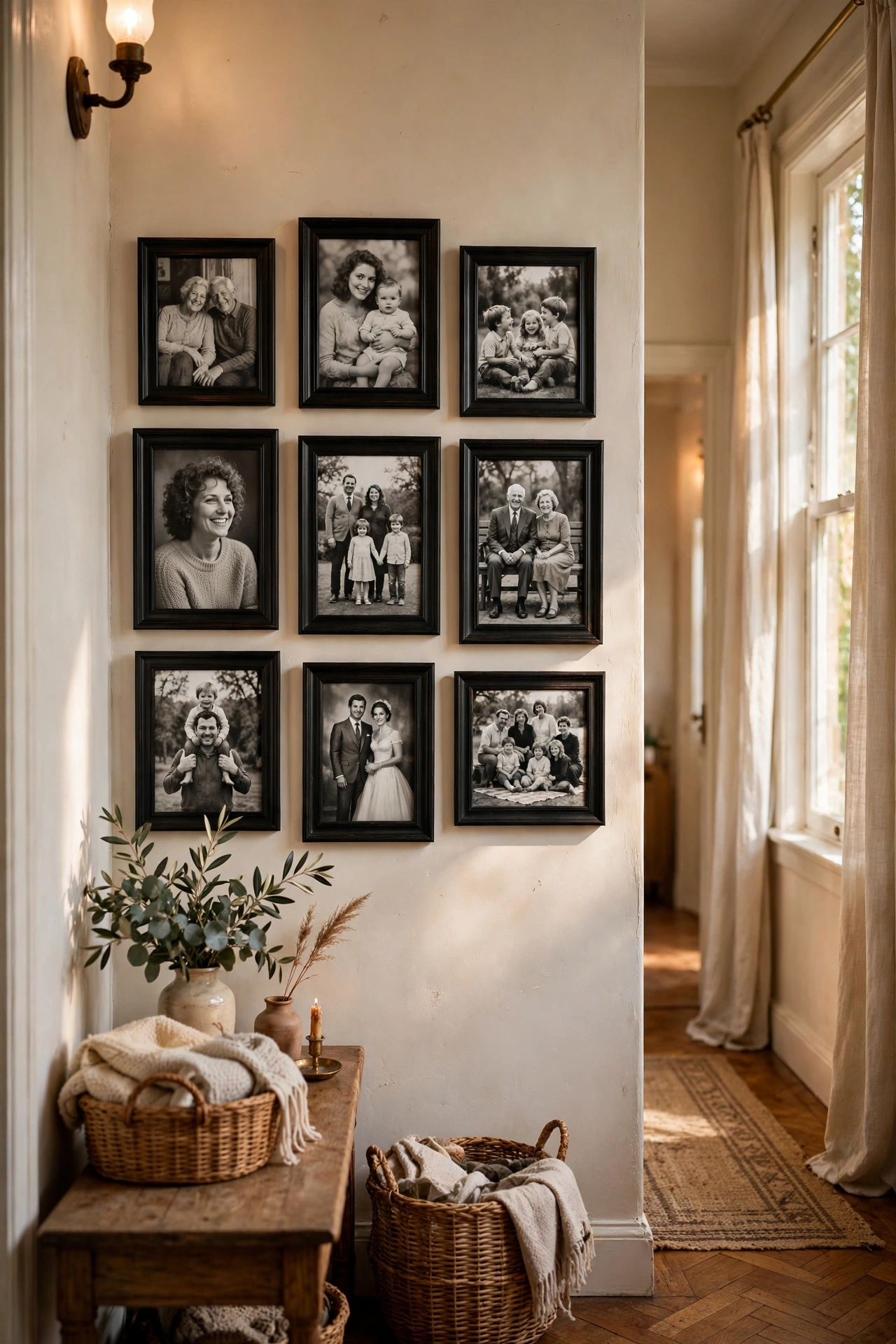 Hallway gallery wall of classic black picture frames with family photos