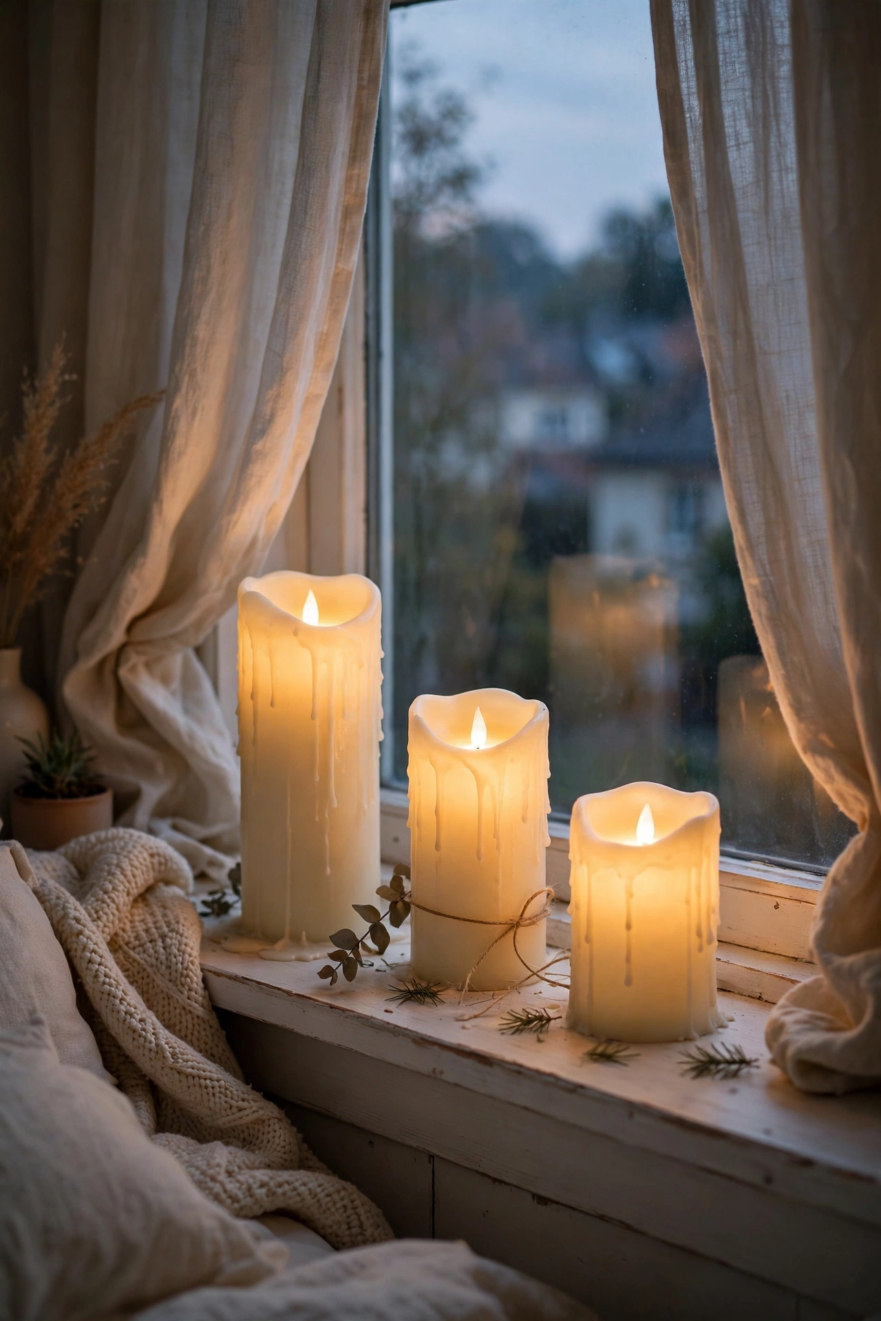 Ivory flameless LED candles glowing in a bedroom window at dusk
