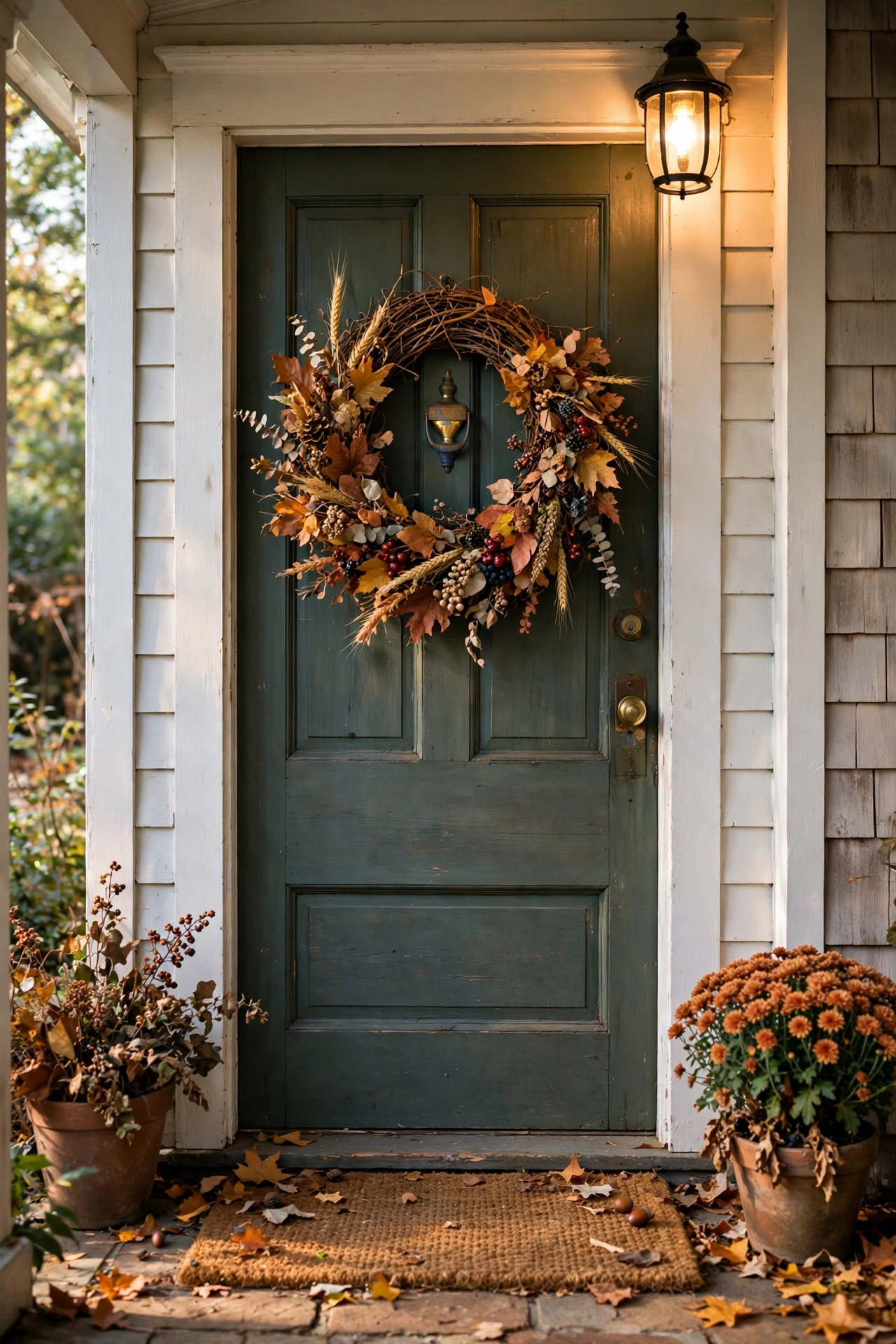Handmade autumn wreath on a grapevine form hanging on a front door