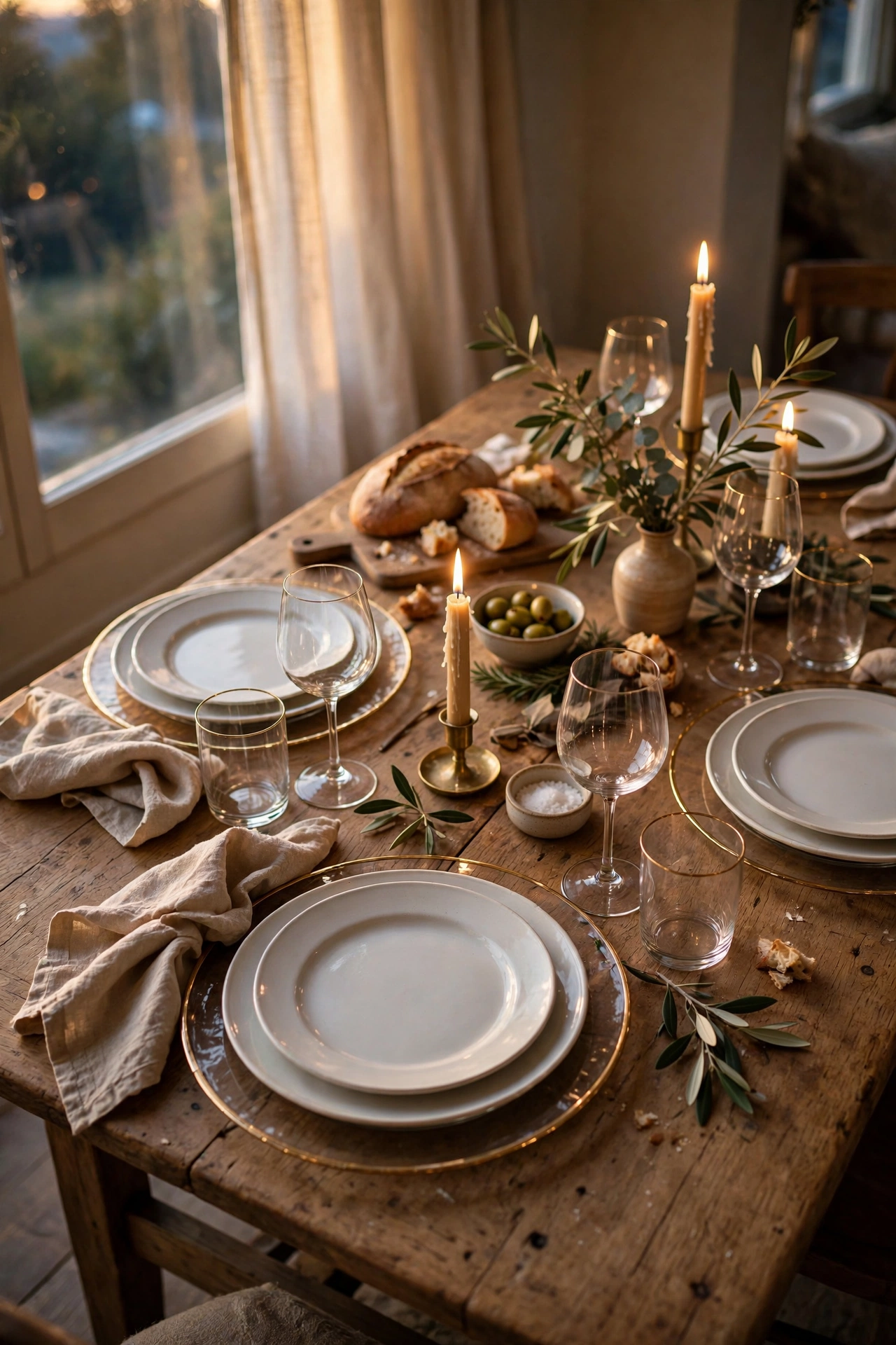 Elegant table setting with gold-rimmed charger plates under dinner plates