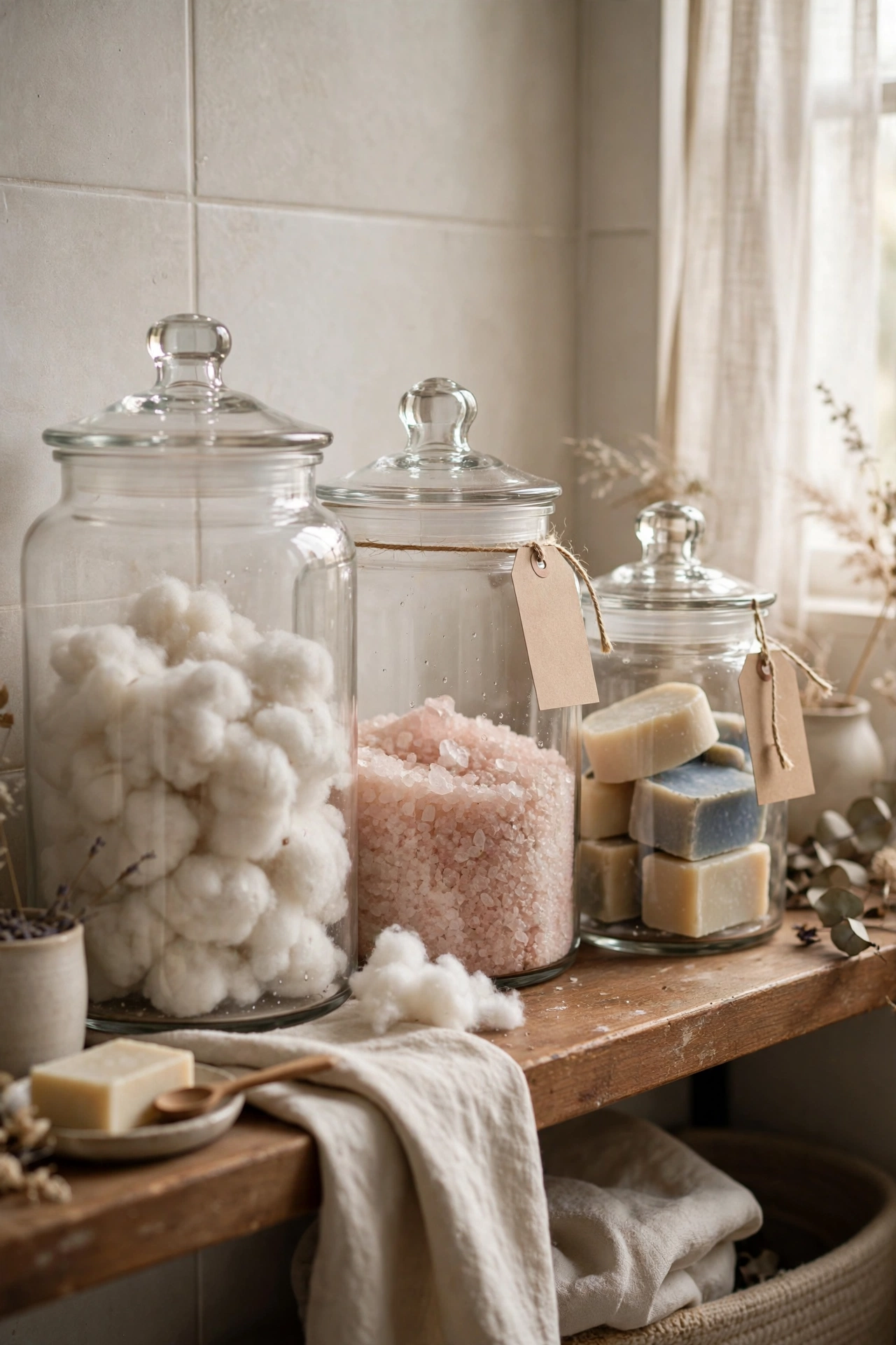 Bathroom shelf with lidded apothecary-style glass canisters holding toiletries