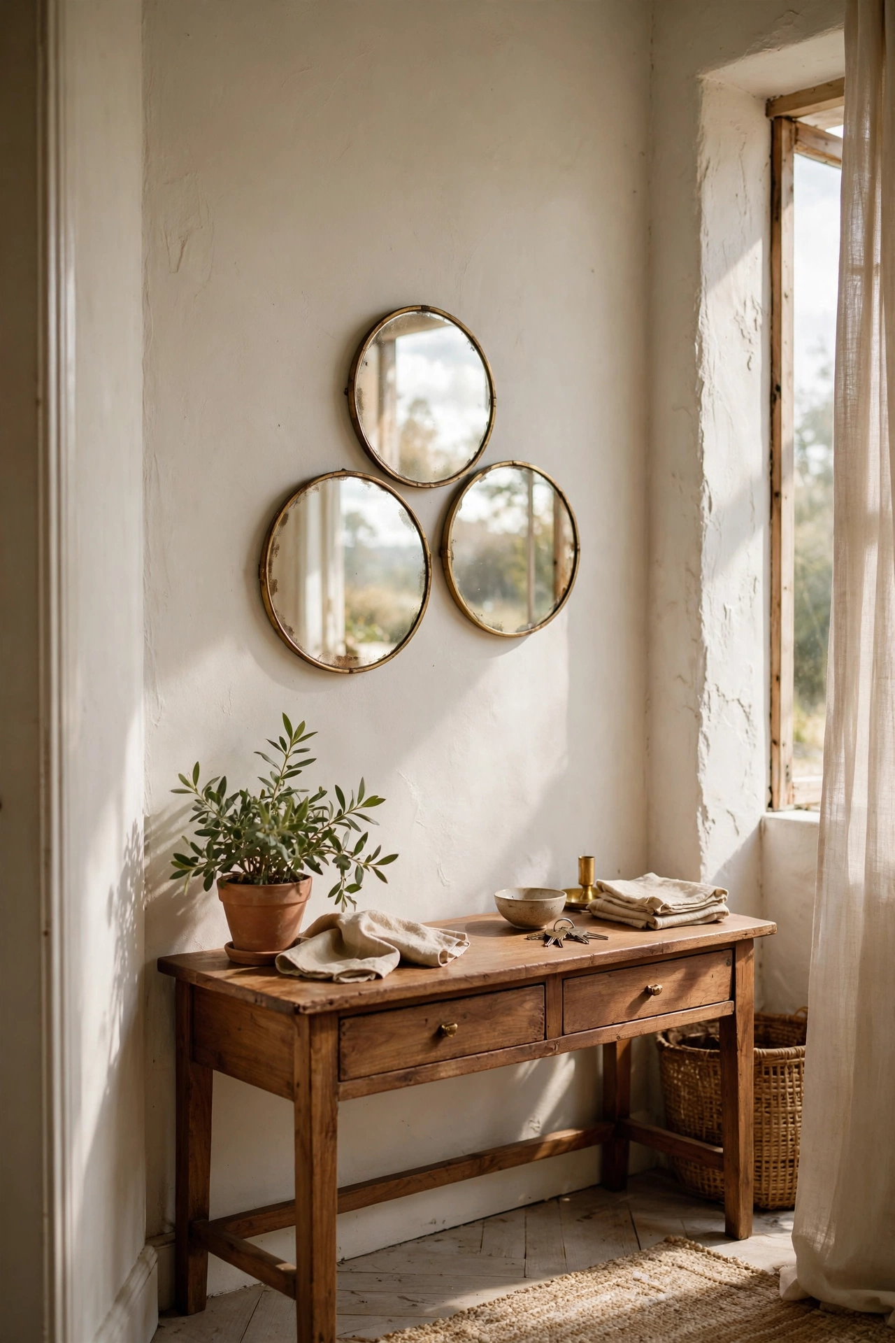 Small round mirrors clustered on a narrow wall above a console