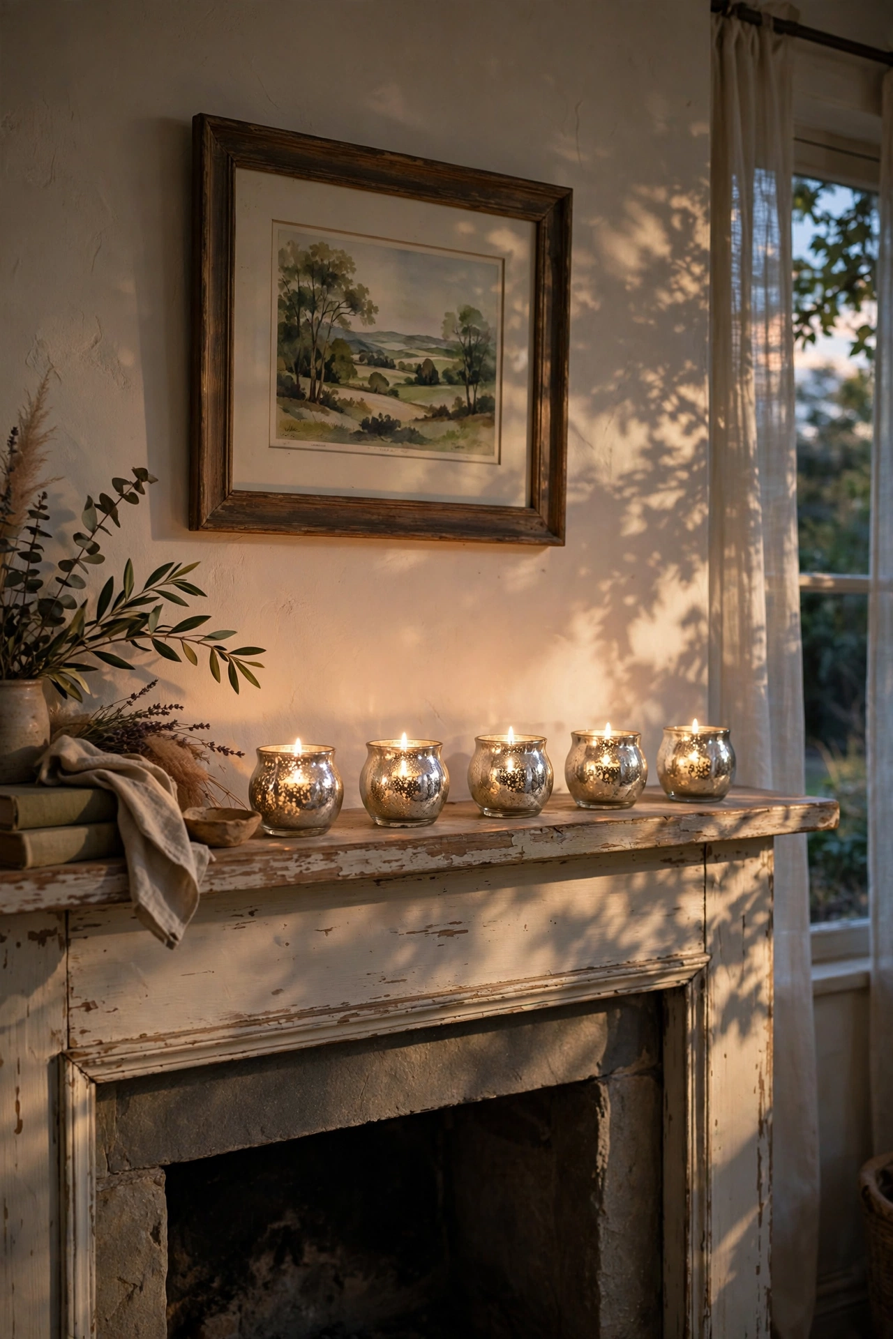 Mottled mercury-glass-look candle holders glowing on a mantel