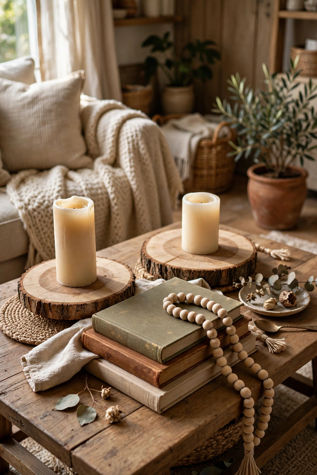 Wood slices used as risers under candles with a bead garland on books