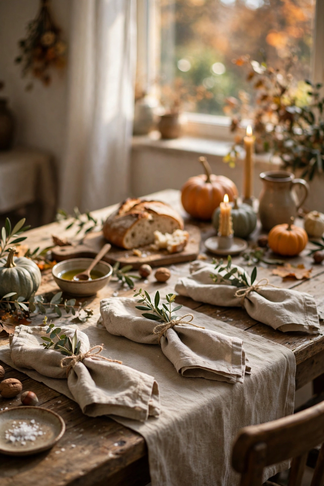 Seasonal table with linen-look napkins tied with twine and greenery