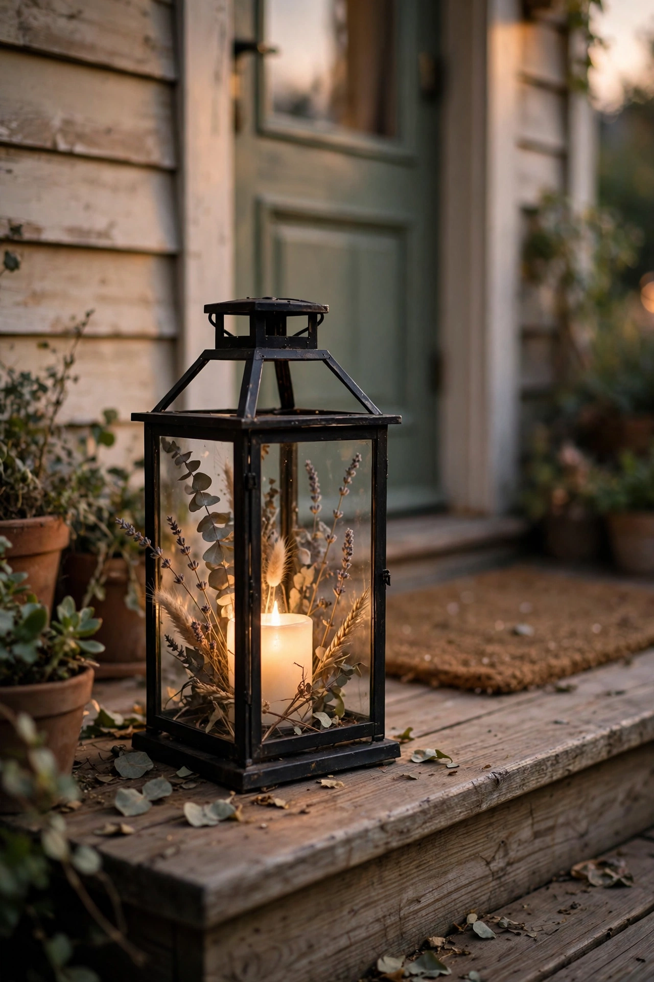 Black metal lantern with LED candle on a porch step