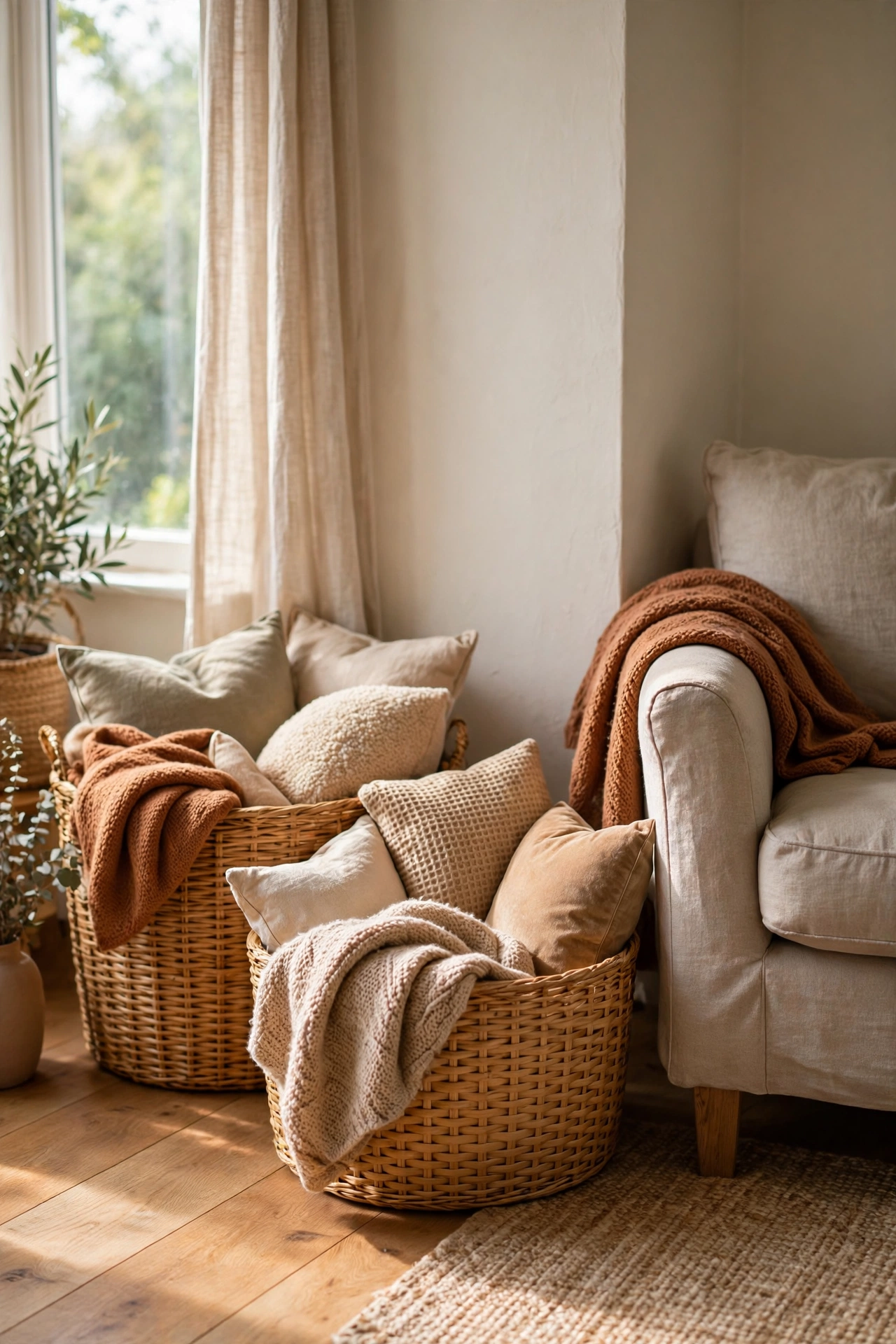Honey-toned woven storage baskets holding throws in a living room