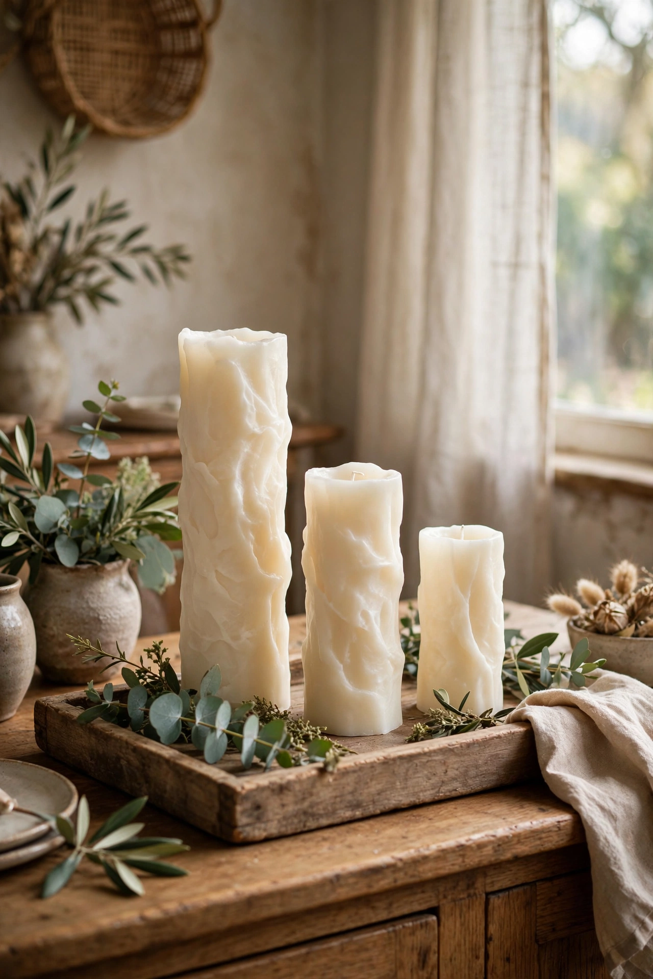 Grouped ivory unscented pillar candles of different heights on a tray