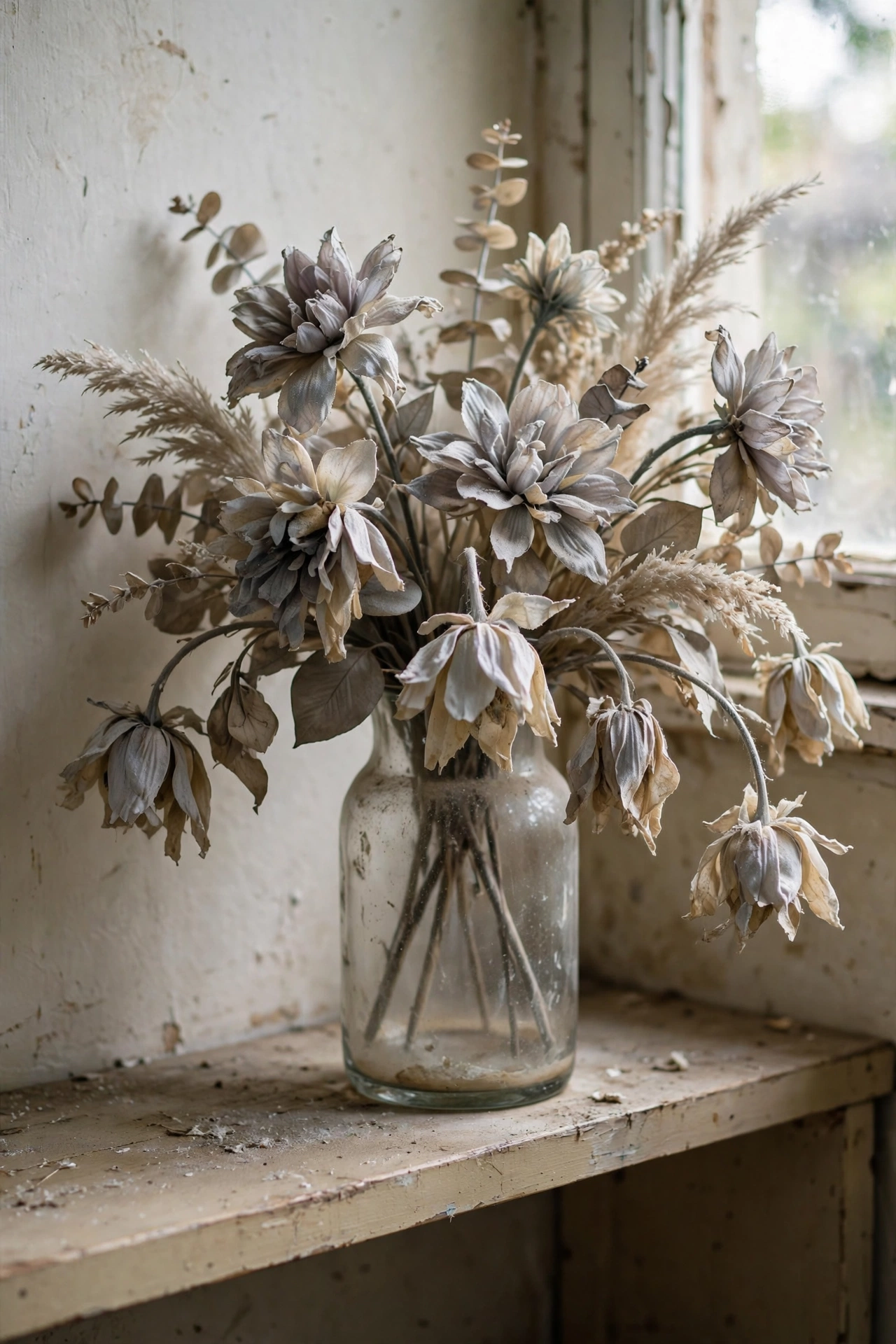 Faded sad-looking faux floral arrangement in a vase