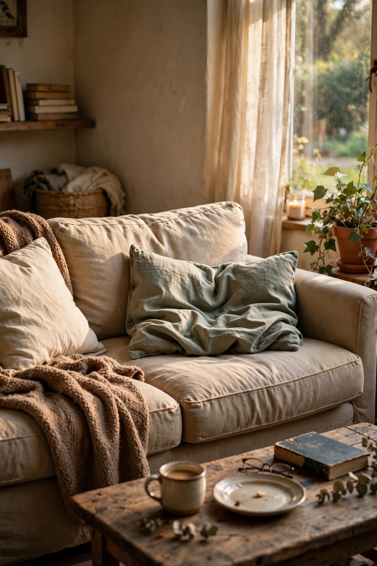 Flat lumpy thin throw pillow on a sofa