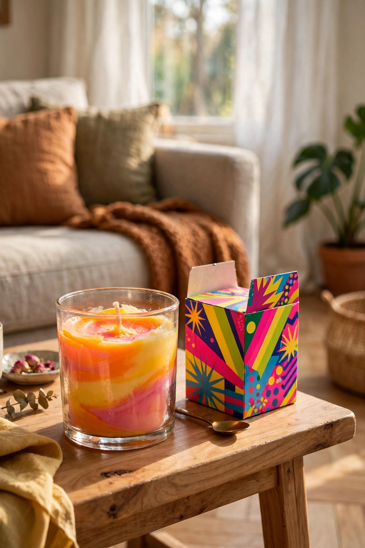 Strongly scented candle with packaging on a table