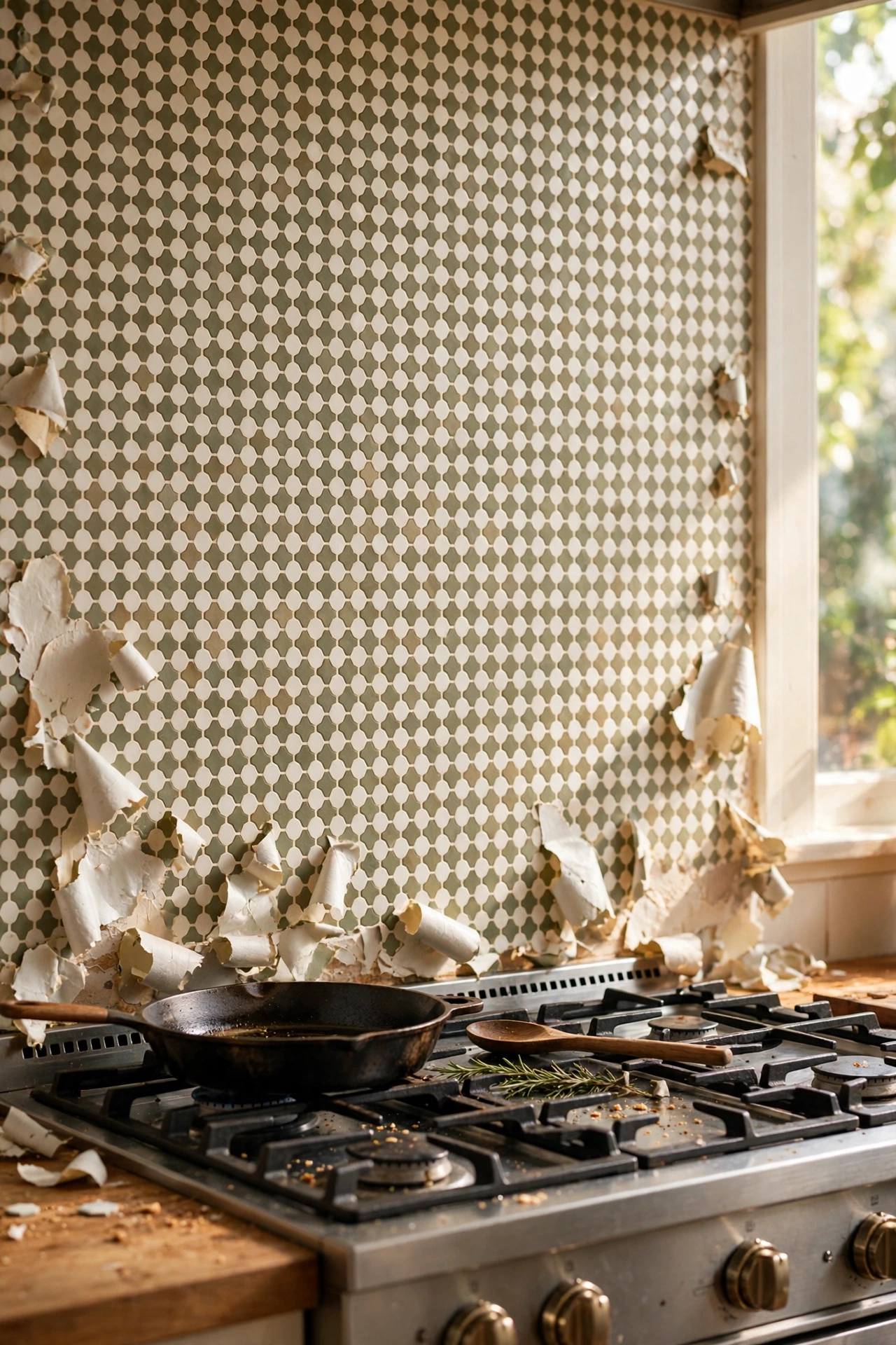 Small-scale peel-and-stick tiles peeling at edges behind a cooker