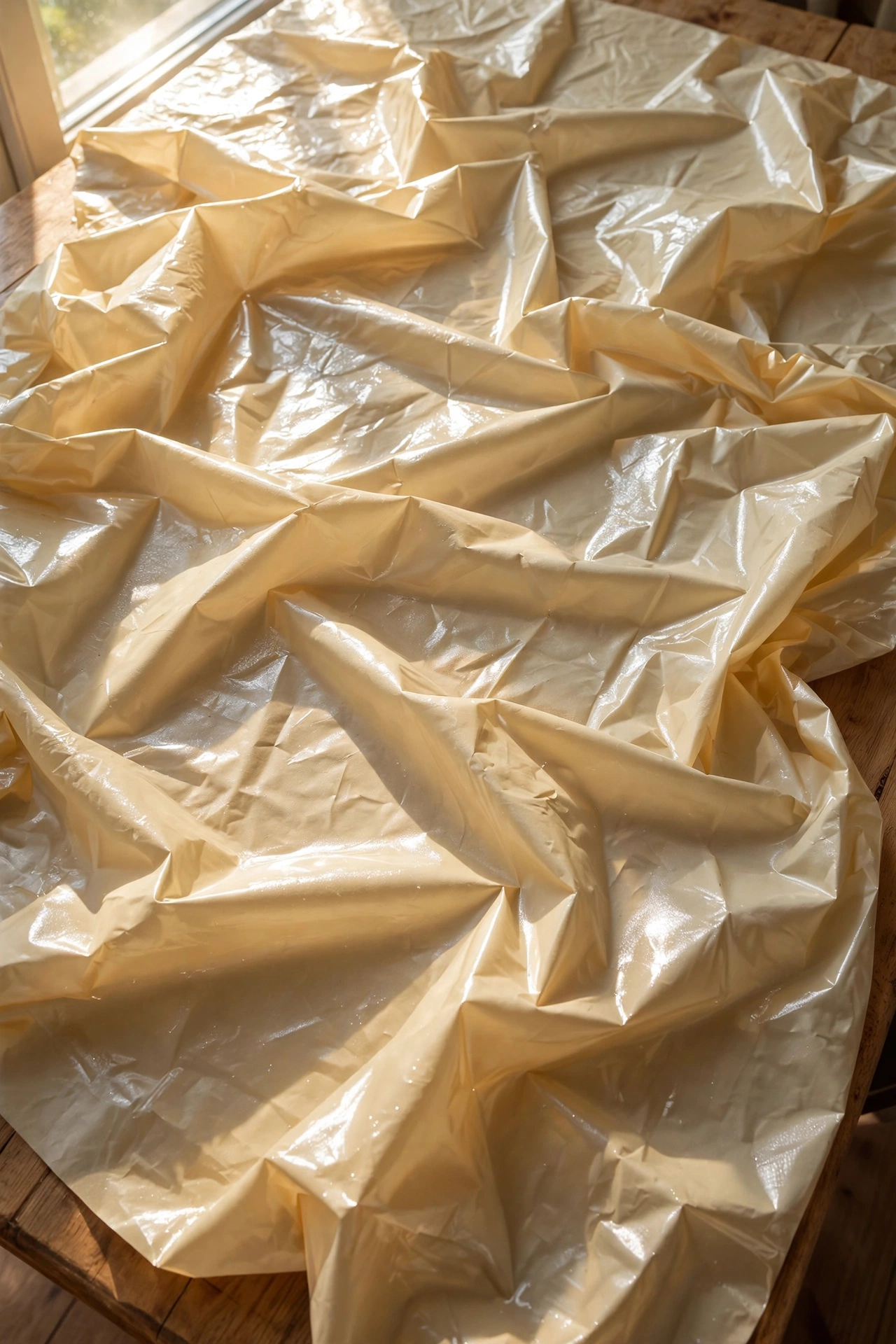 Shiny polyester tablecloth with visible sheen on a dining table