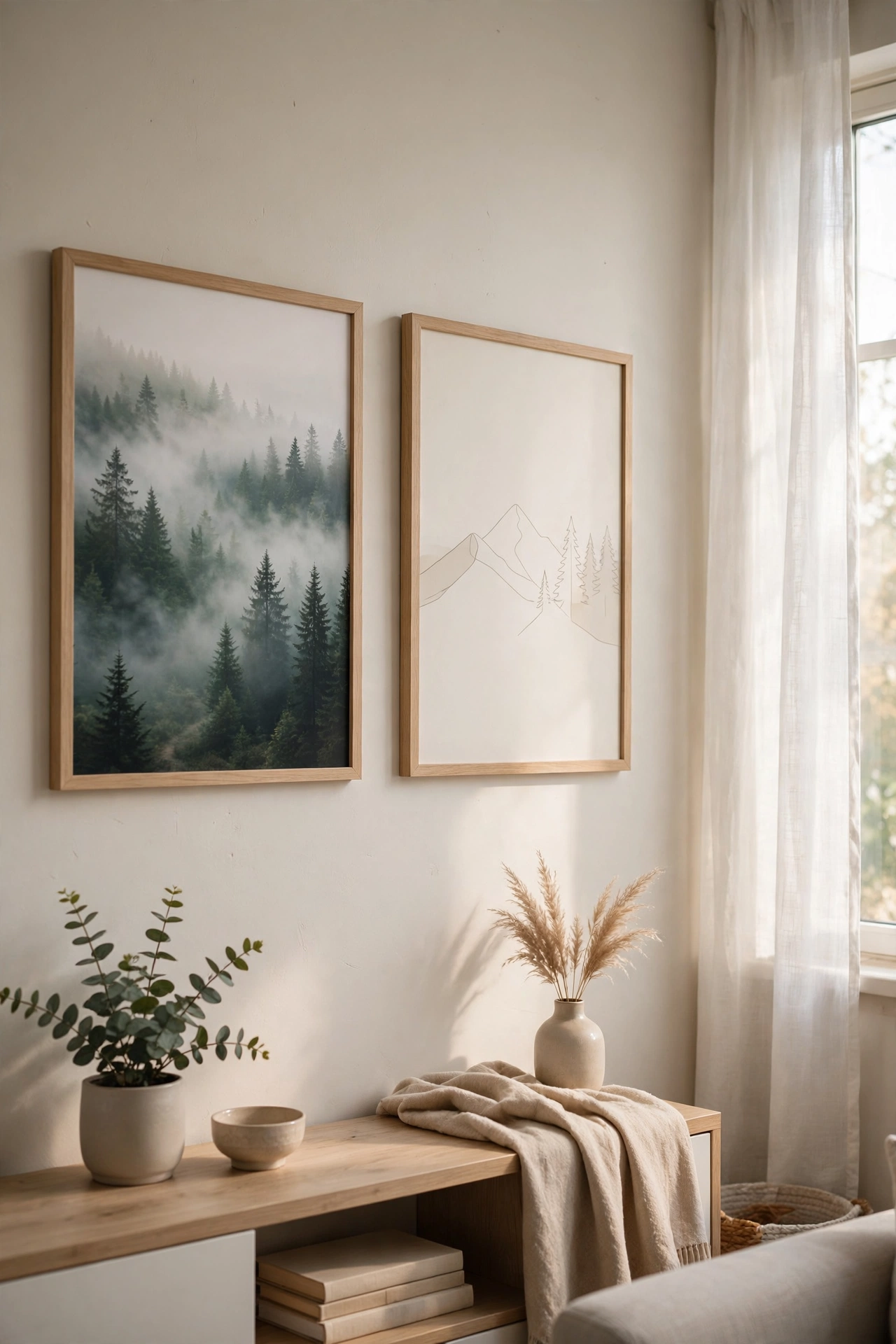 Generic stock-photo wall art of a misty forest in a frame