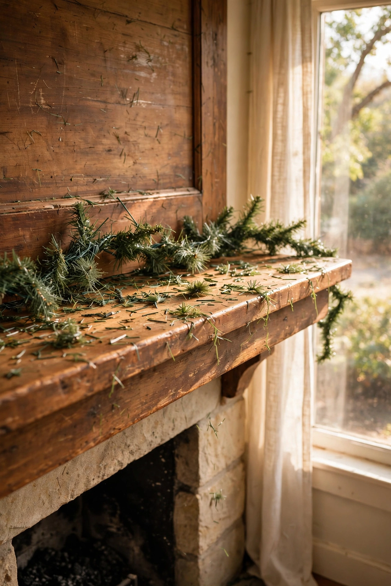 Faux greenery garland shedding plastic needles on a mantel