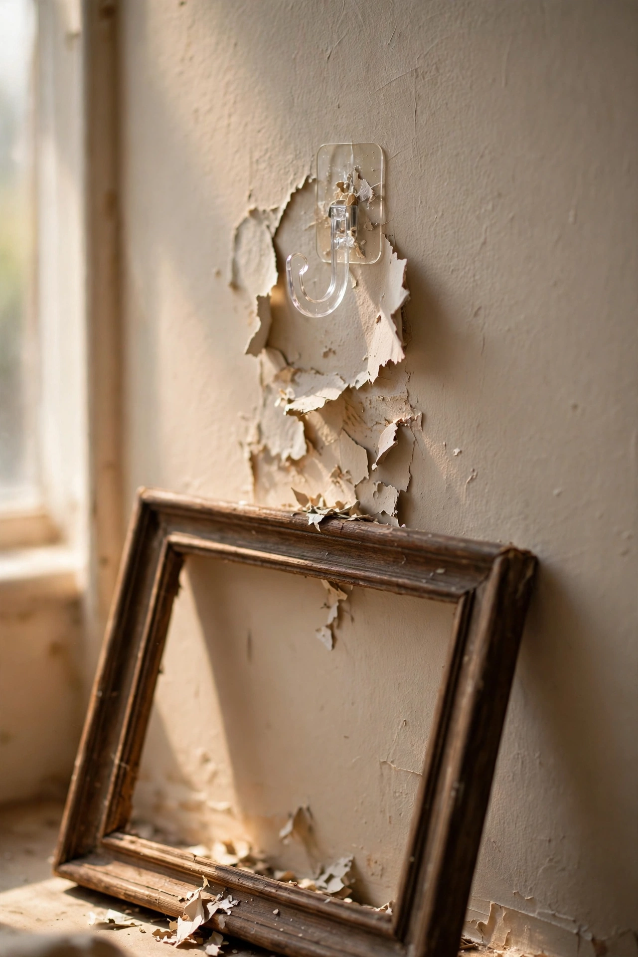 Adhesive hook fallen off a wall with paint damage beside a frame