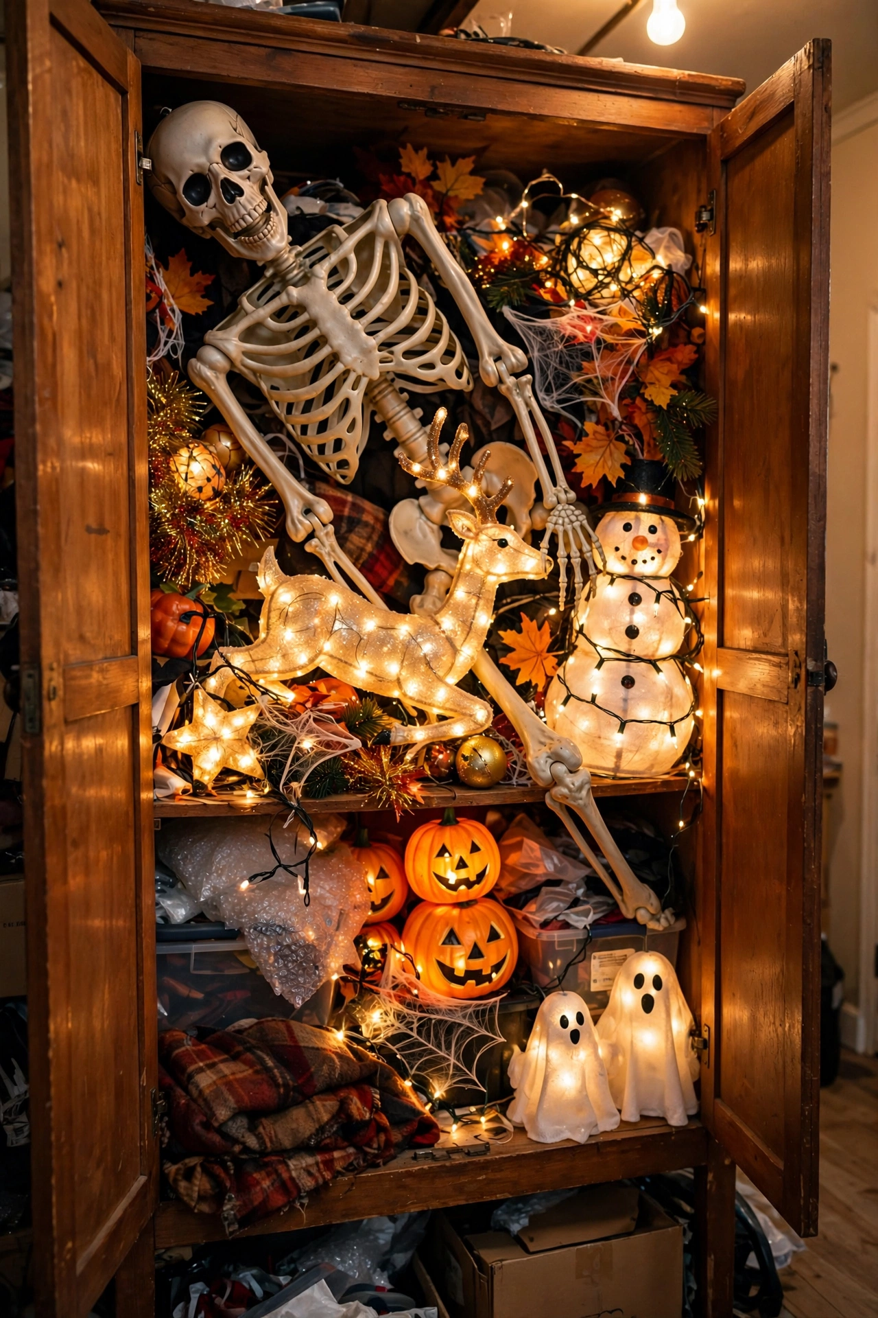 Cupboard overflowing with novelty seasonal decorations