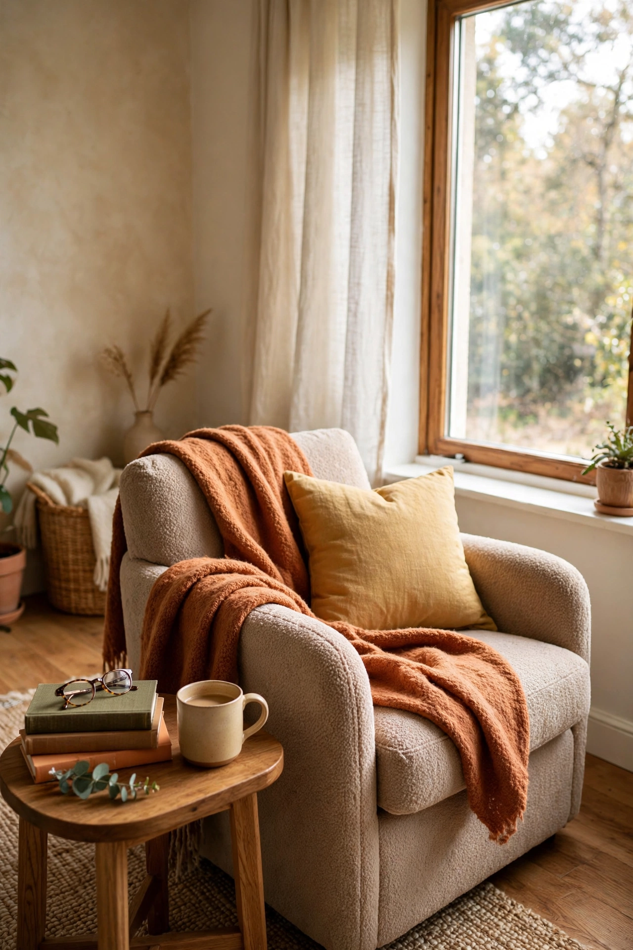 Cozy reading nook idea: armchair angled toward a bright living room window
