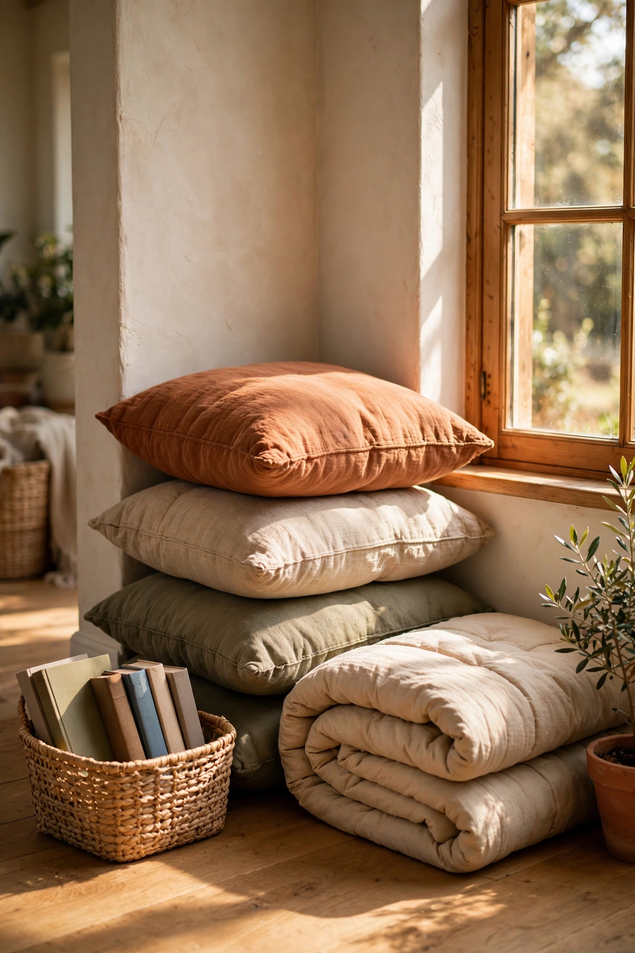 Budget reading nook idea: floor cushion nest of pillows and folded duvet in a sunny corner