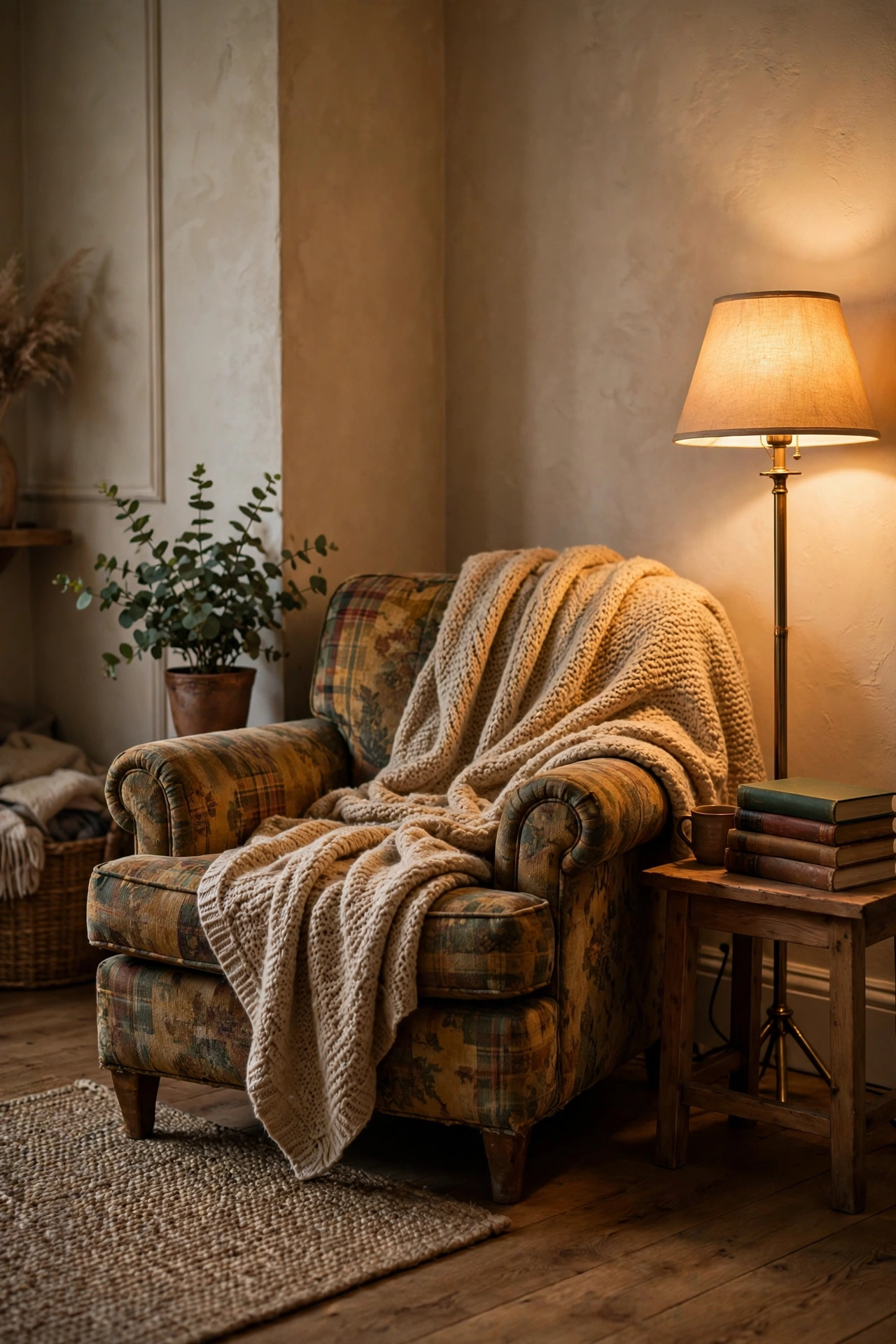 Thrifted armchair rescued as a budget living room reading nook chair