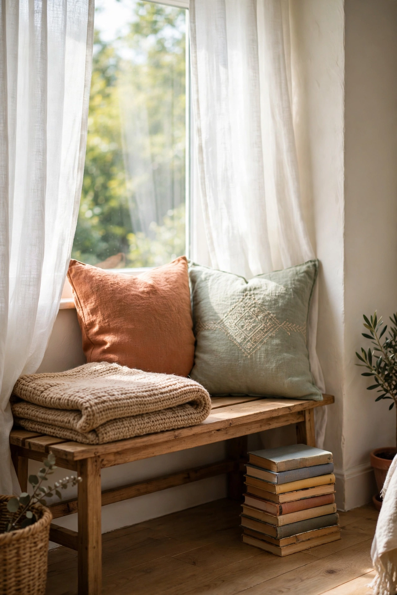 DIY window seat reading nook from a low bench with cushions in a living room