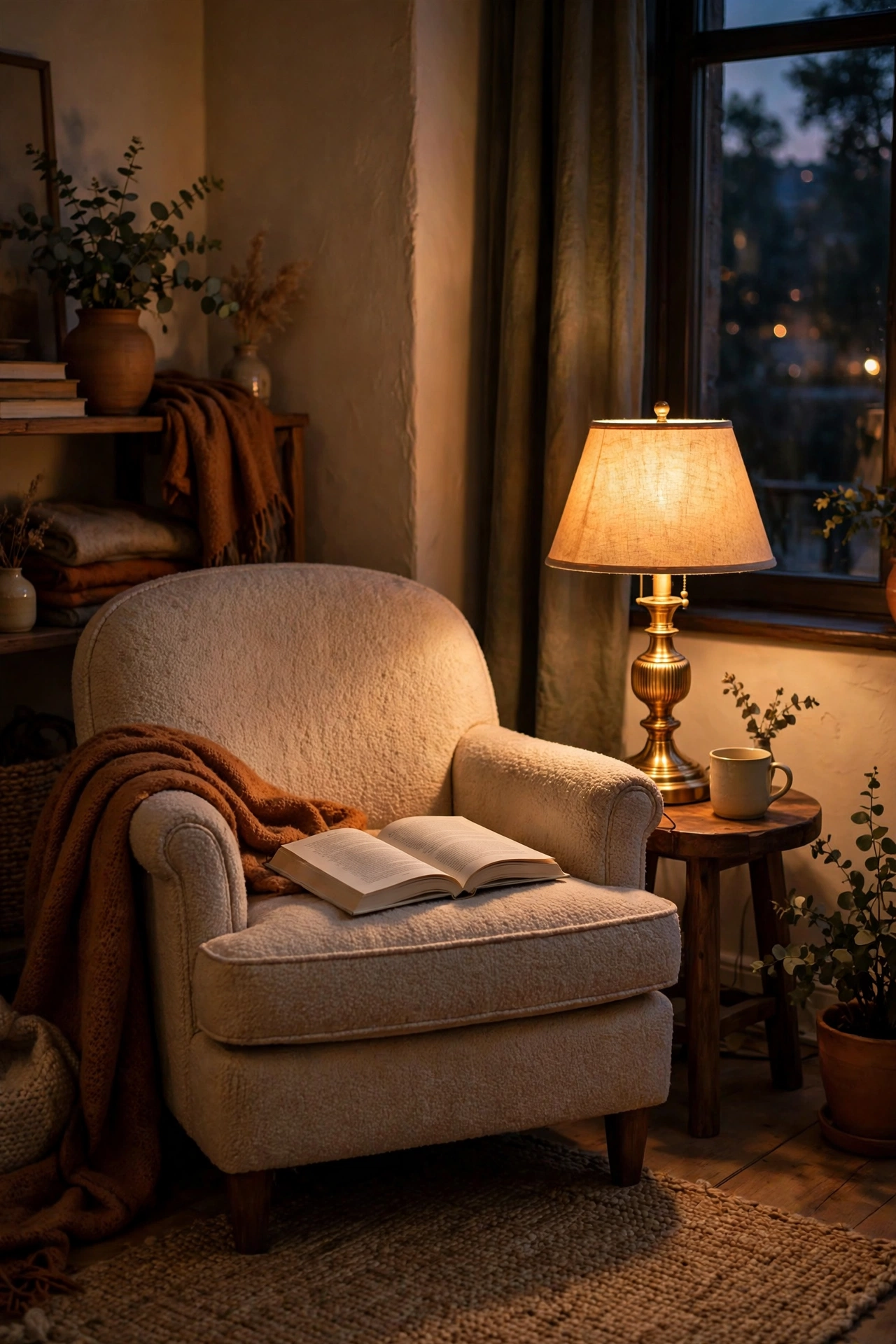 Relocated table lamp providing warm reading light in a living room nook