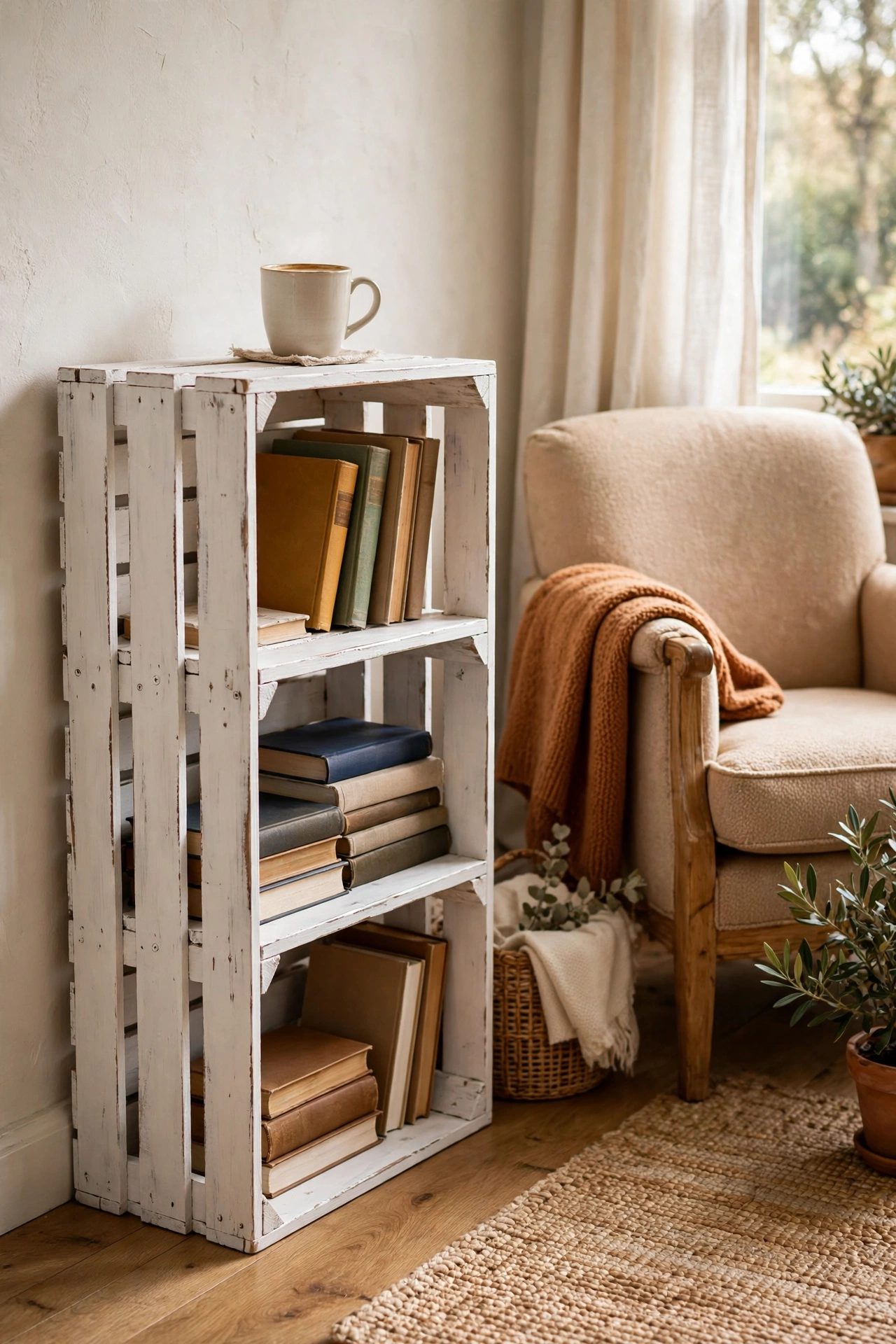 Wooden crate used as side table and bookshelf in a budget reading nook