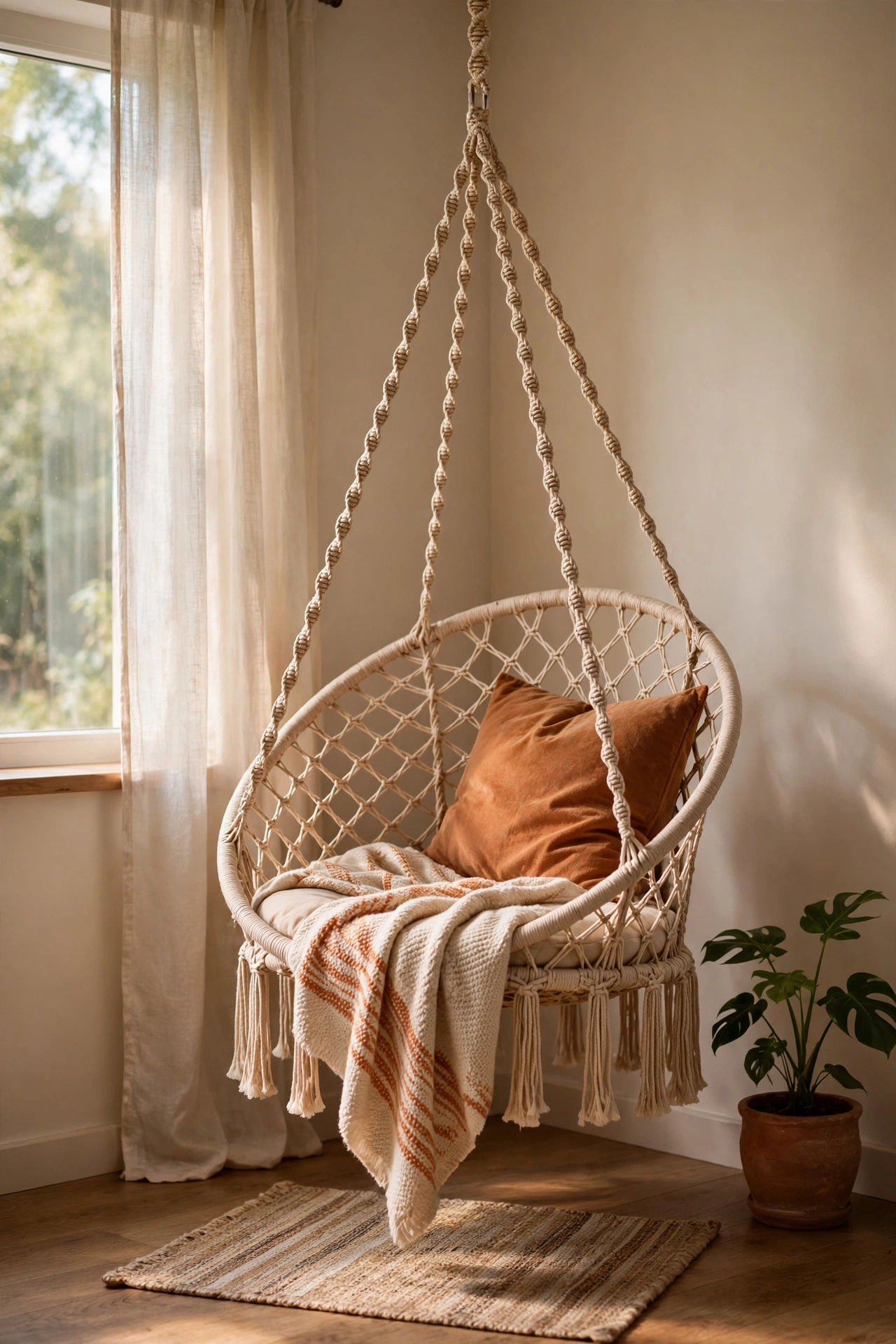Macrame hanging chair as a budget living room reading nook