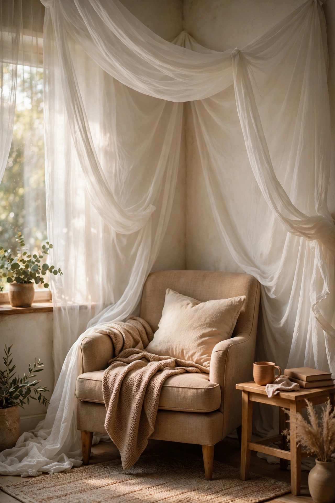 Sheer curtain canopy draped over a reading chair in a living room nook