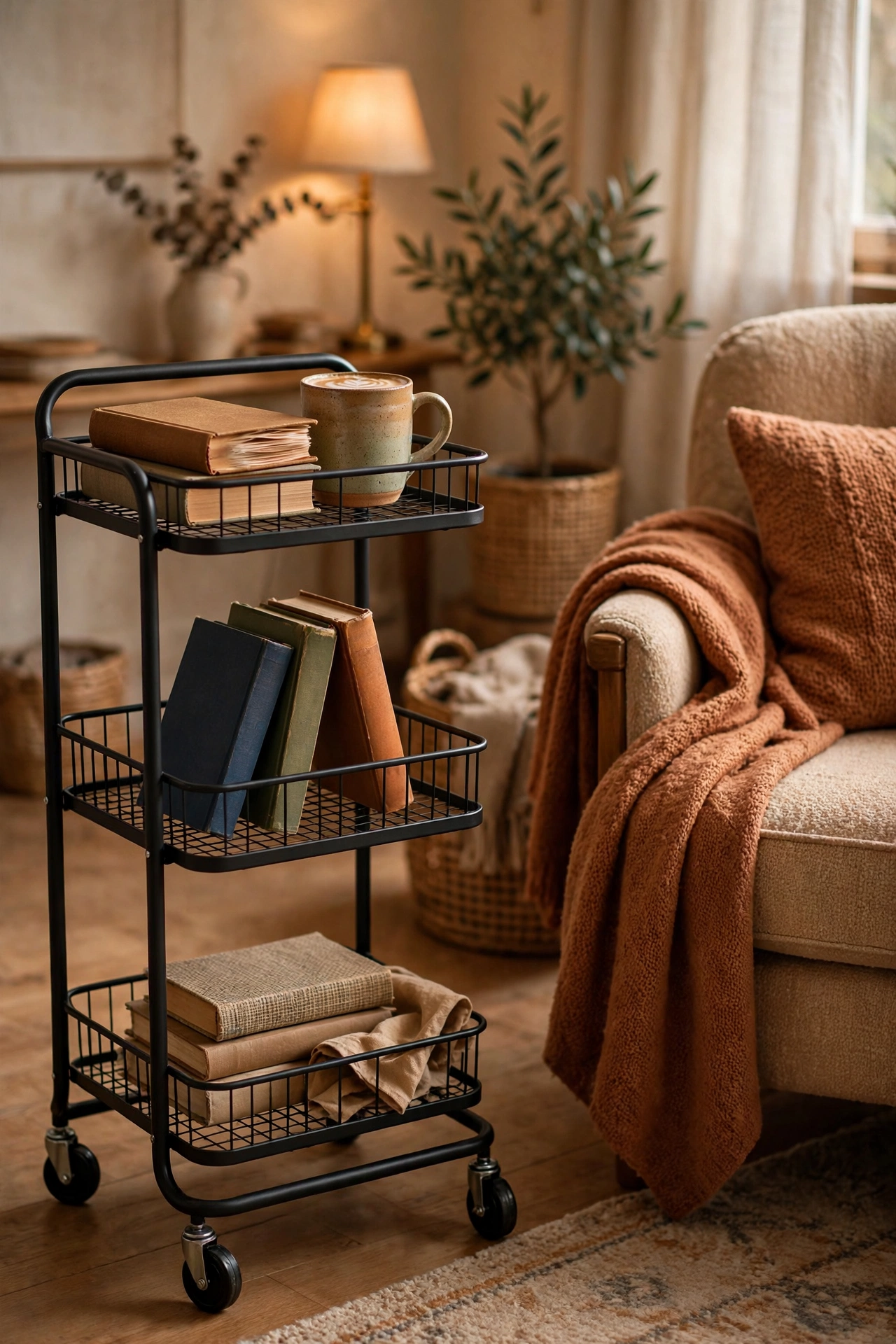 Three-tier rolling cart used as a book library beside a reading chair