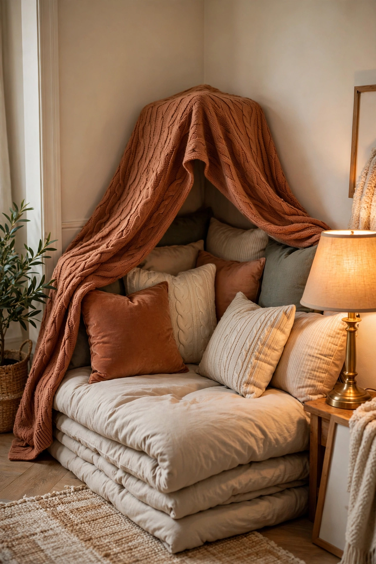 Grown-up pillow fort reading nook built from throw pillows in a living room corner