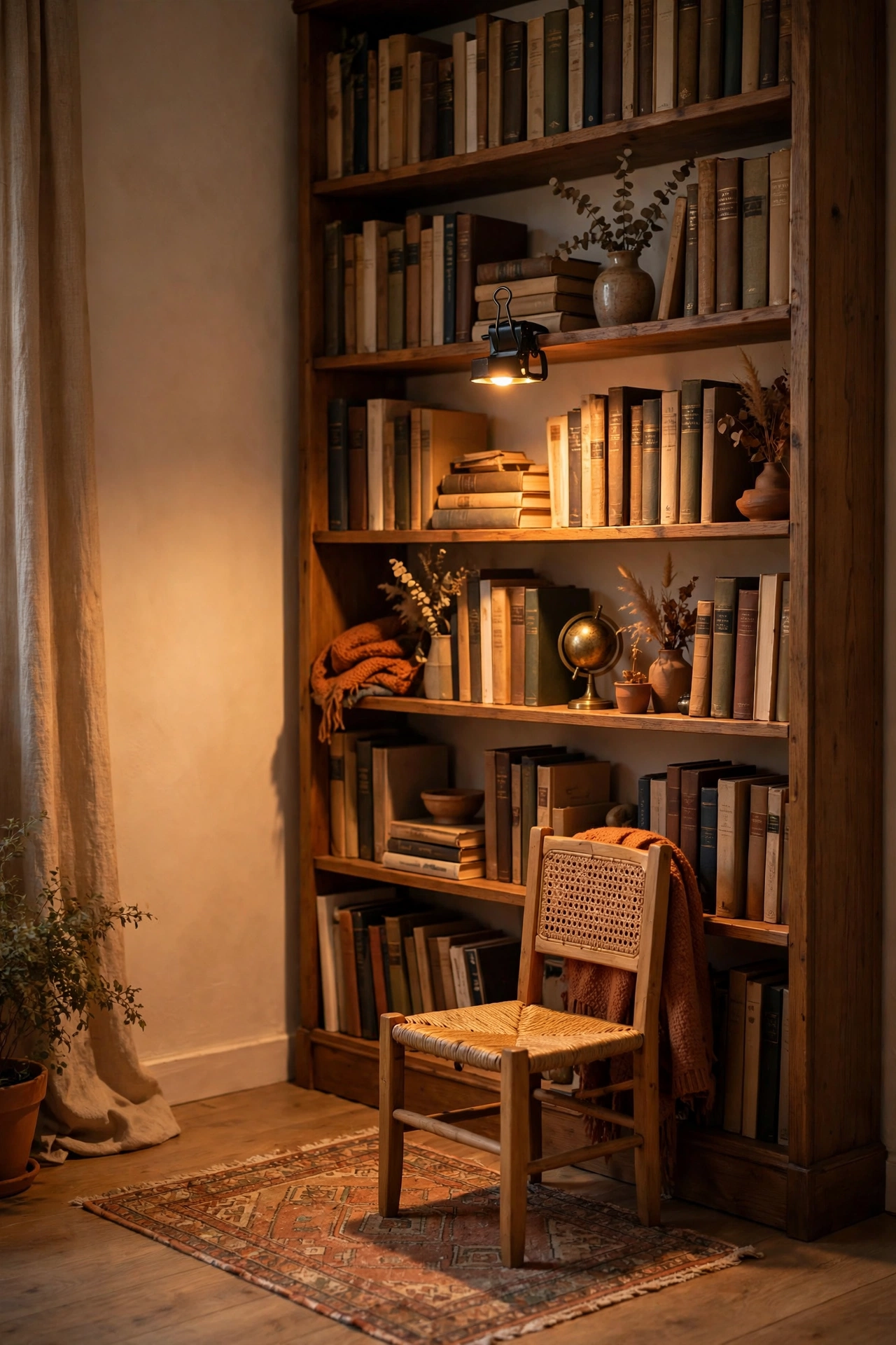 Reading nook at the end of a living room bookshelf with a chair and clip light