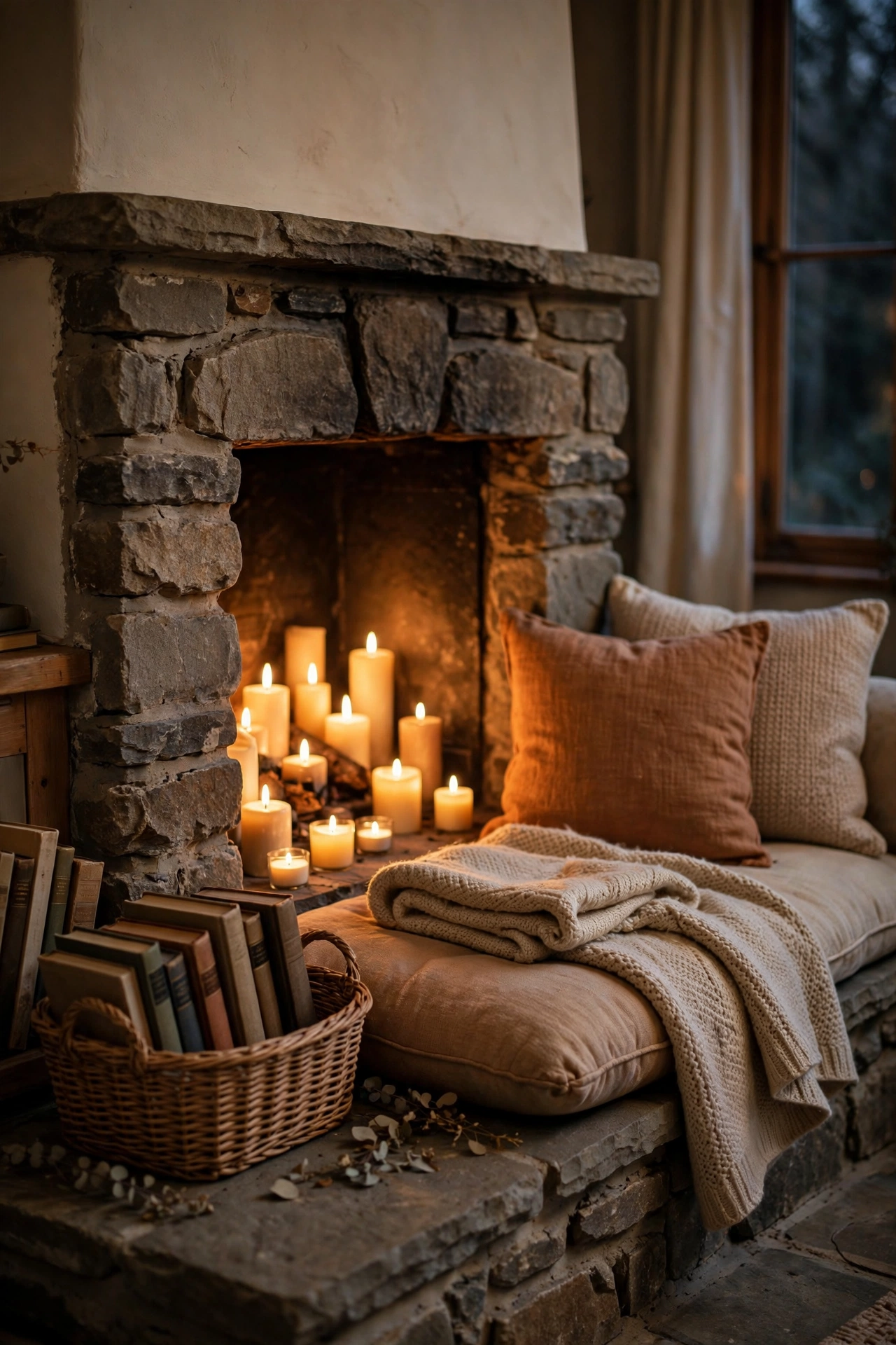 Fireplace hearth turned into a cozy reading seat with cushions and candles