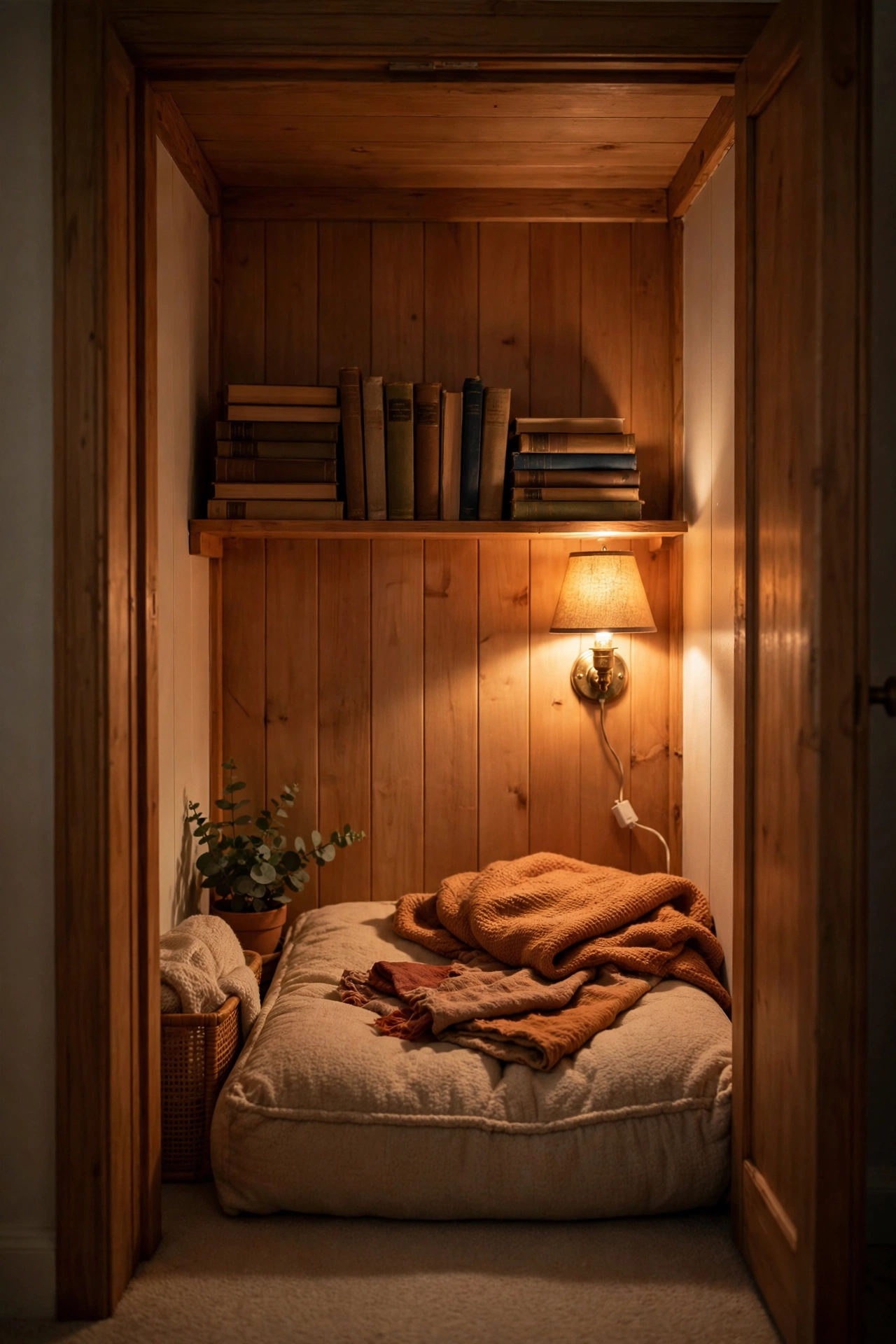 Small closet converted into a secret reading nook with cushion and wall light