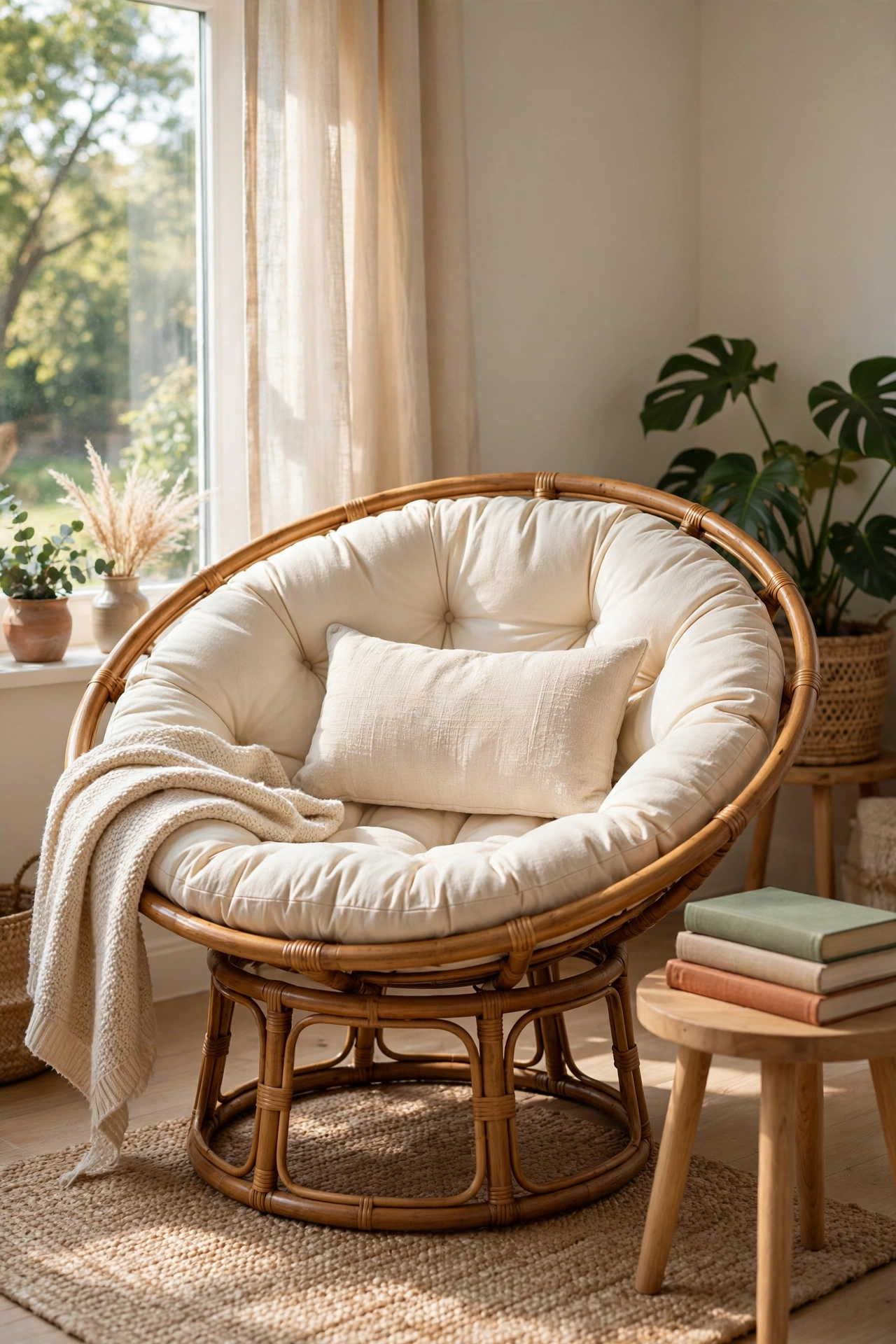 Papasan chair with cream cushion as a budget reading nook in a living room