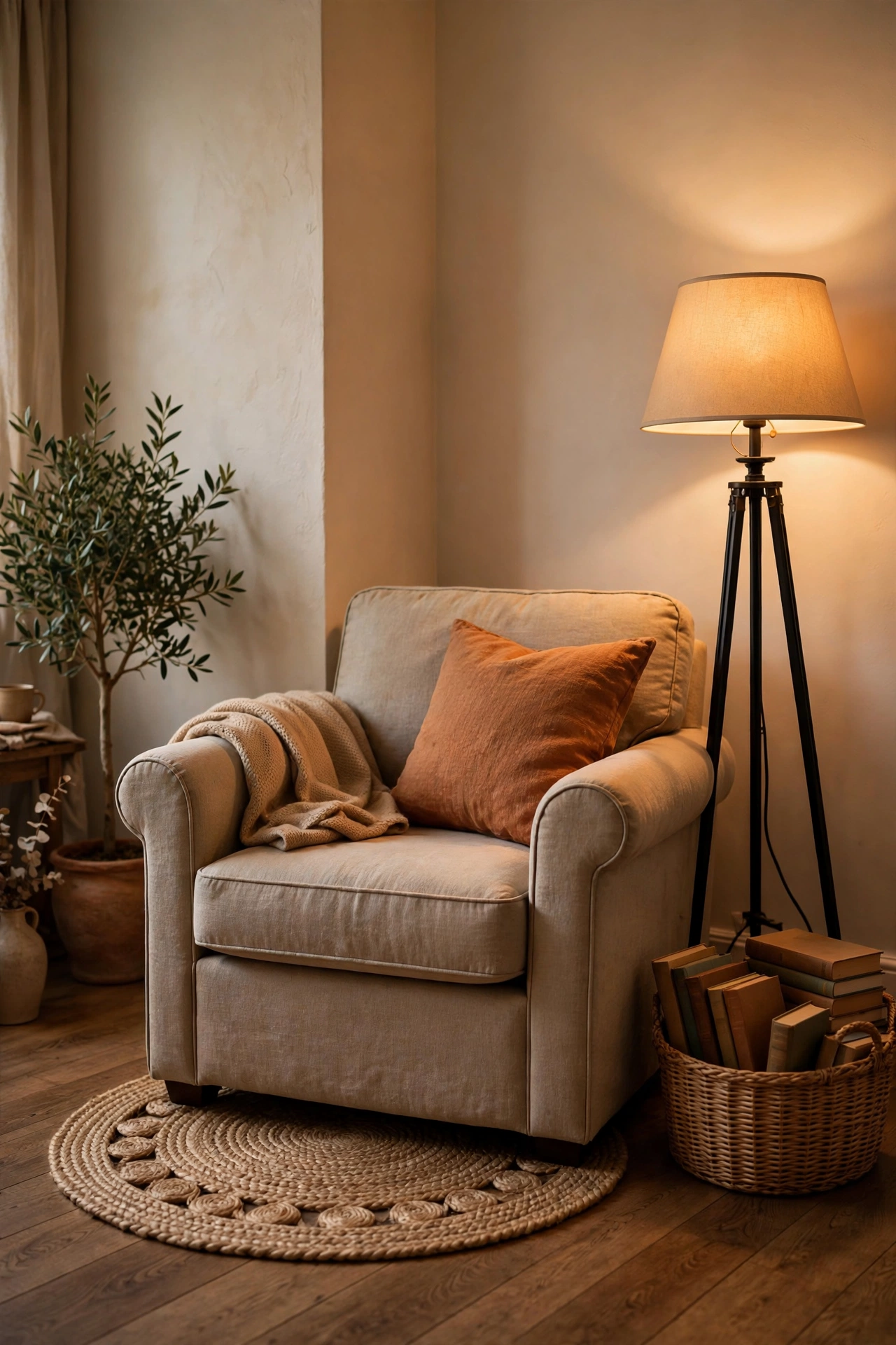 Small round rug defining a reading chair corner in a living room