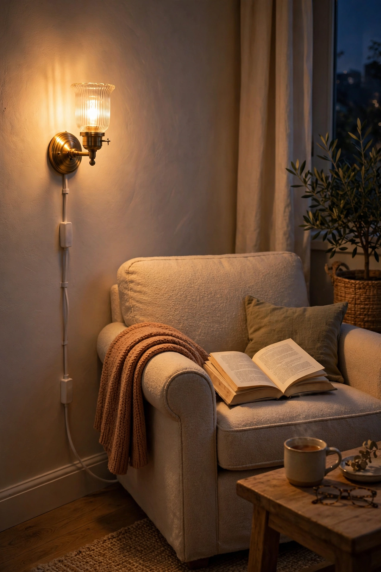 Plug-in wall sconce reading light mounted beside a living room reading chair