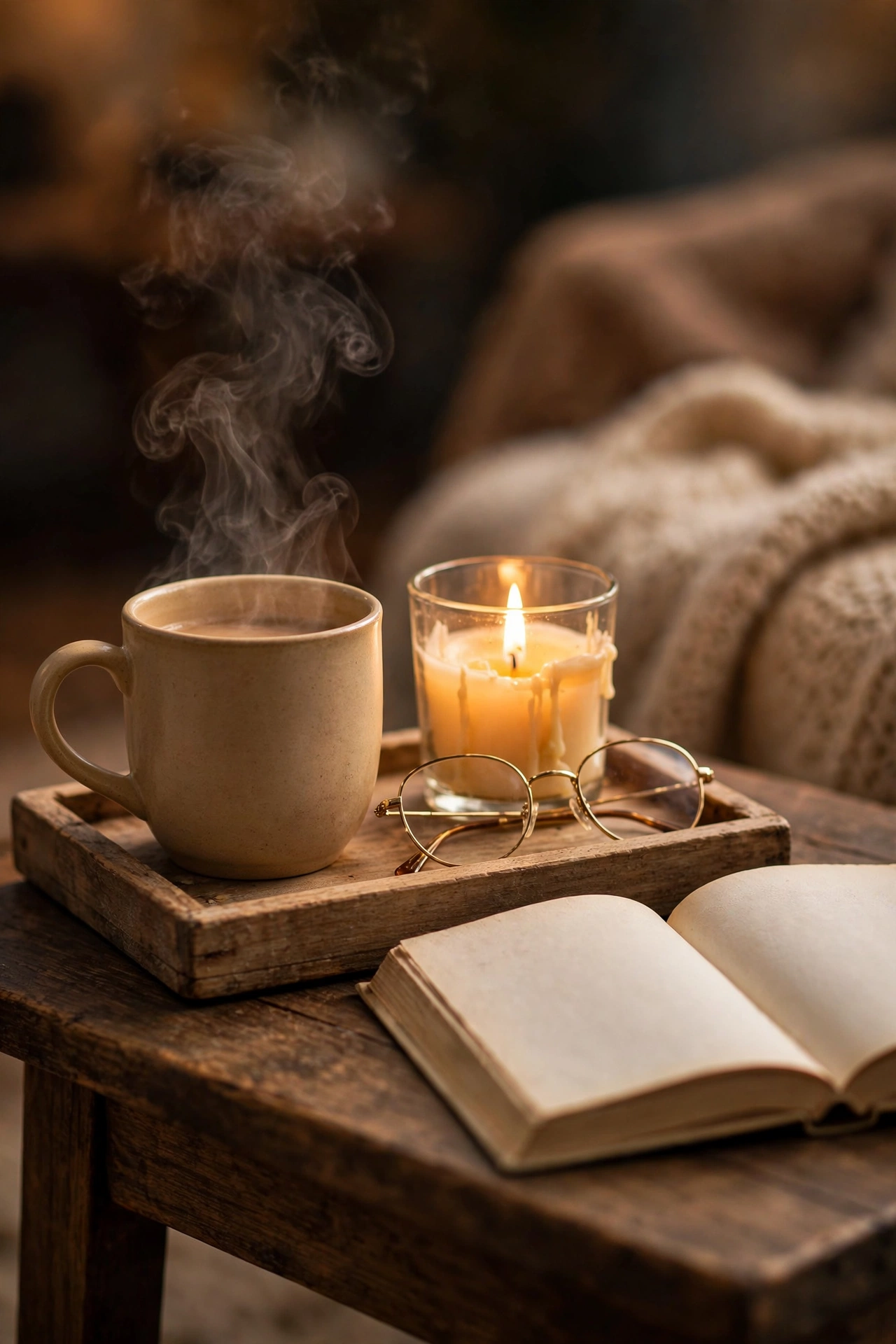 Tea station tray with mug and candle on a reading nook side table