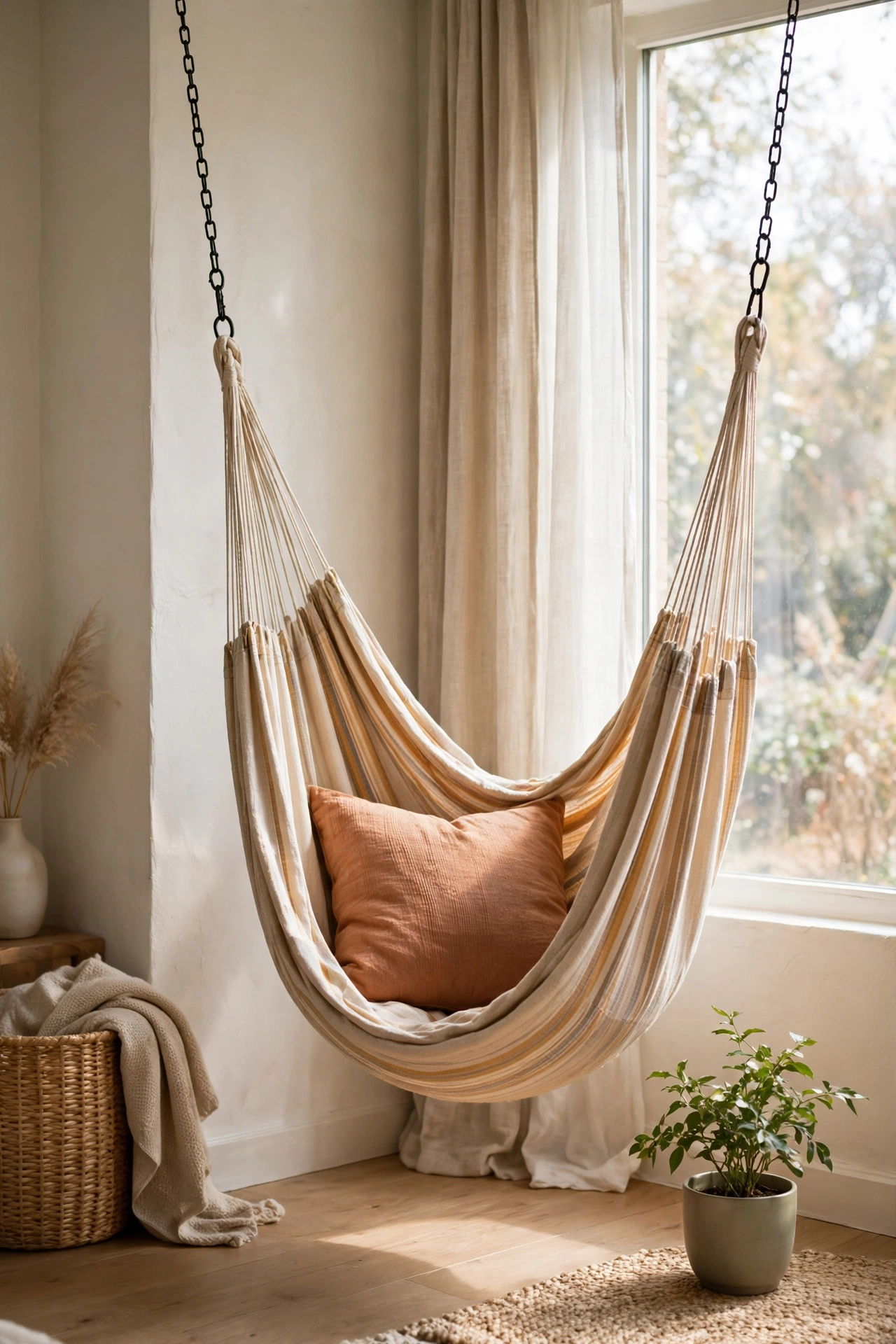 Fabric hammock chair hanging by a living room window as a reading nook