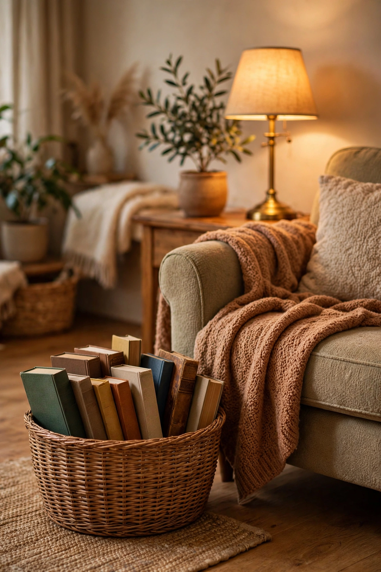 Woven basket filled with library books beside a favorite reading chair