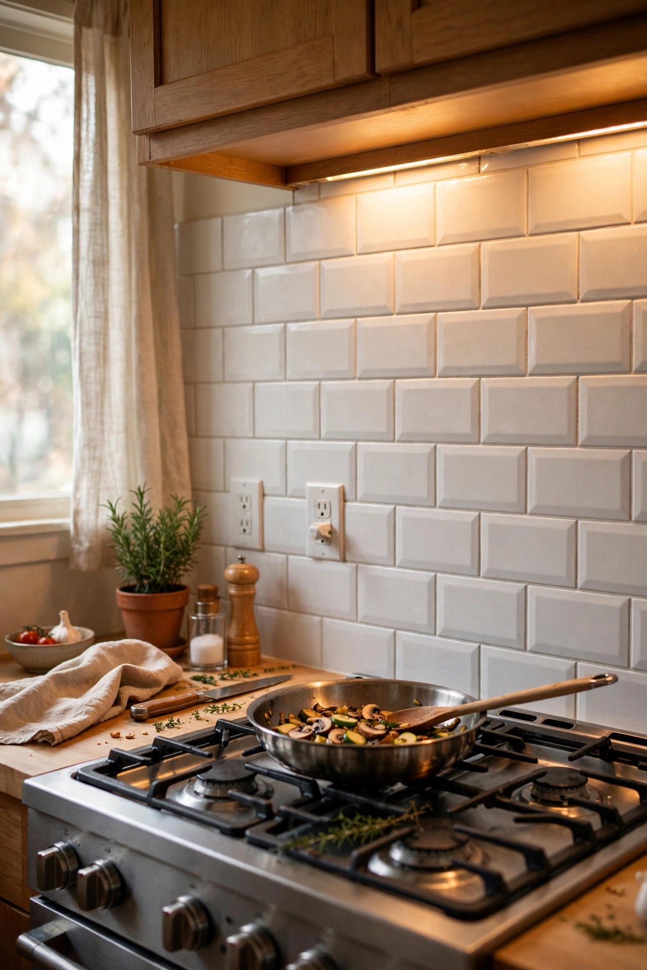 Kitchen cooker wall covered in white subway-look peel-and-stick backsplash tiles