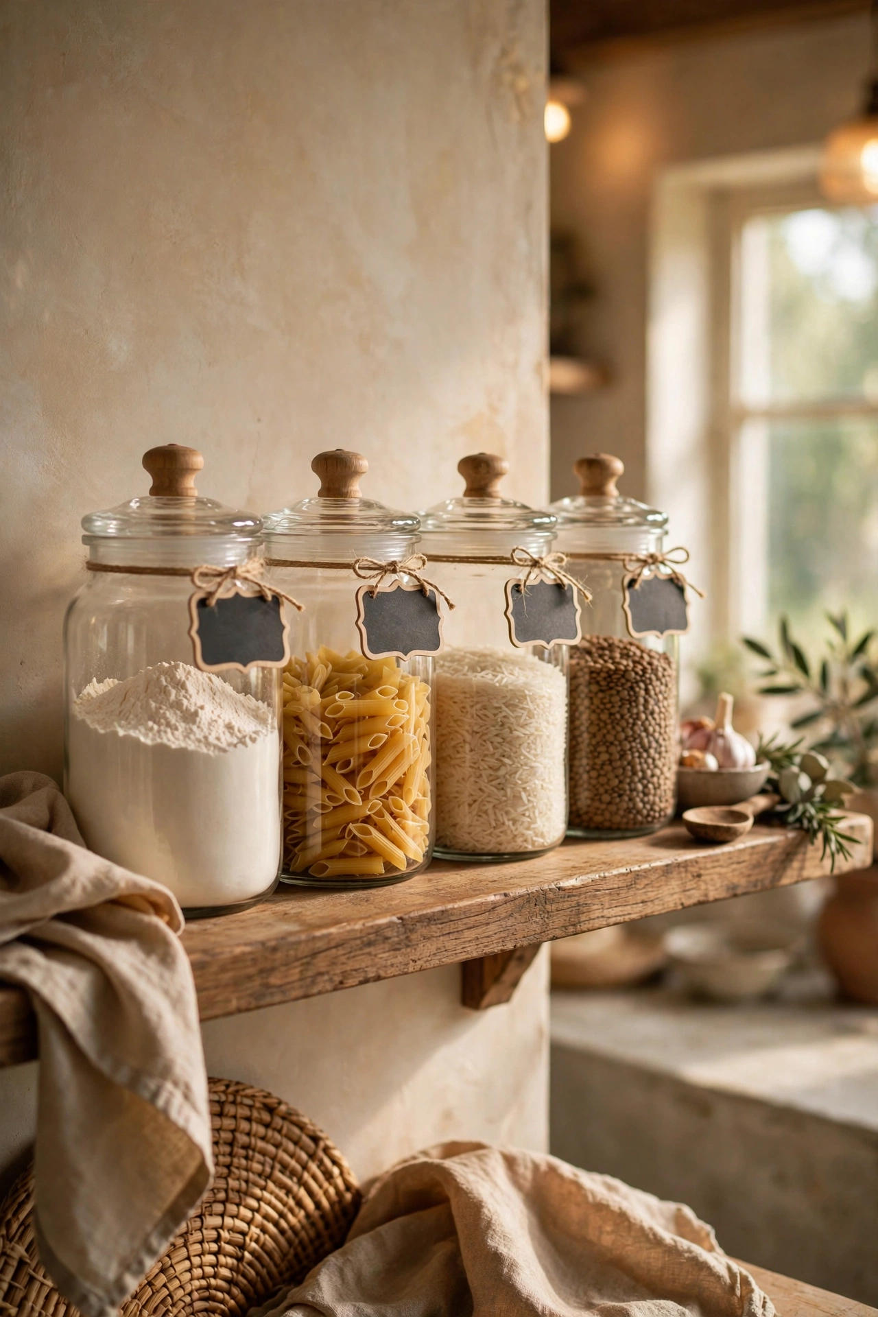 Open kitchen shelf styled with matching glass jars of dry goods and chalk labels